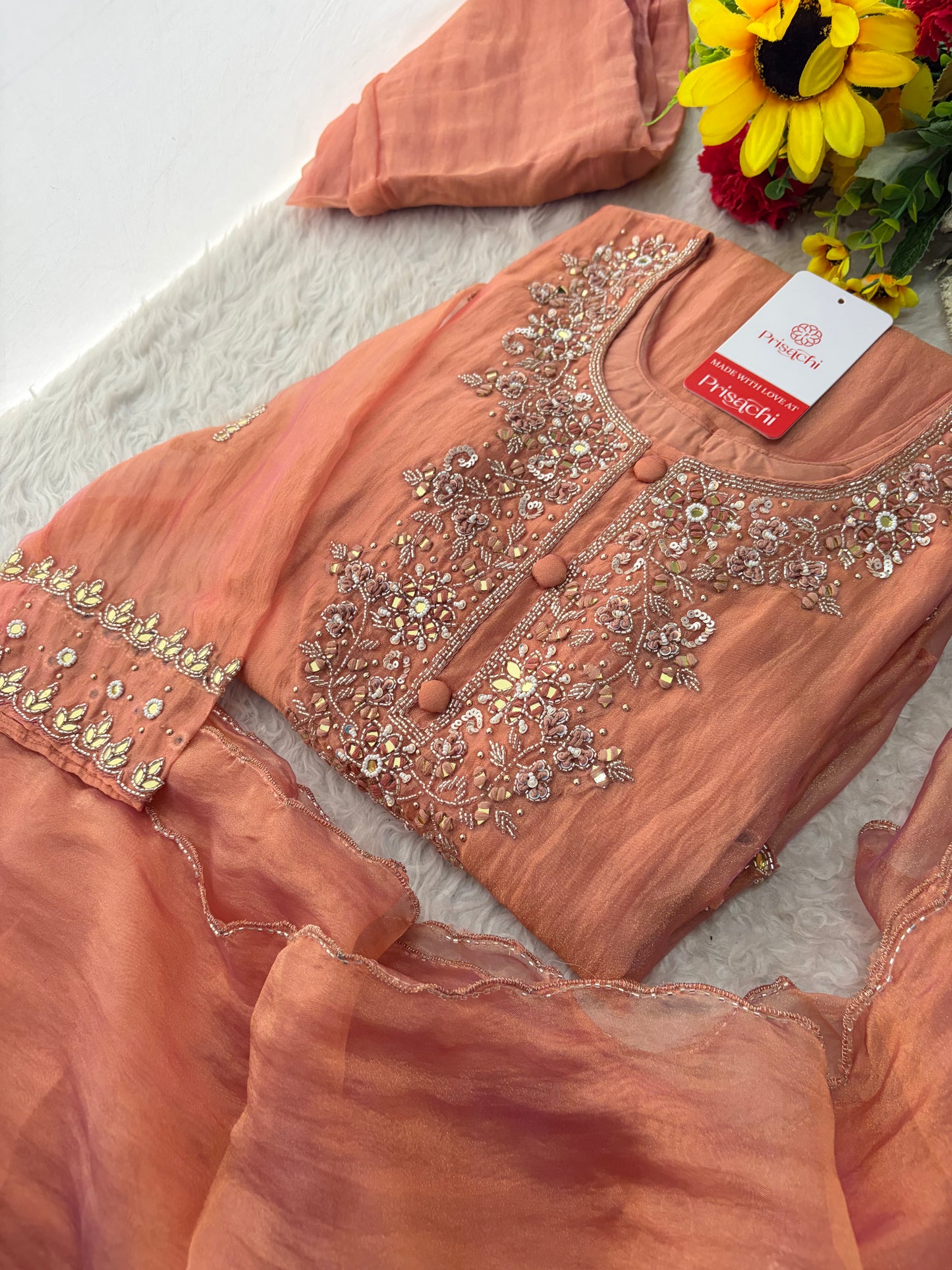 Peach Zardozi Embroidered A Line Kurta Set with Palazzo & Dupatta for Women | Traditional Ethnic Dress