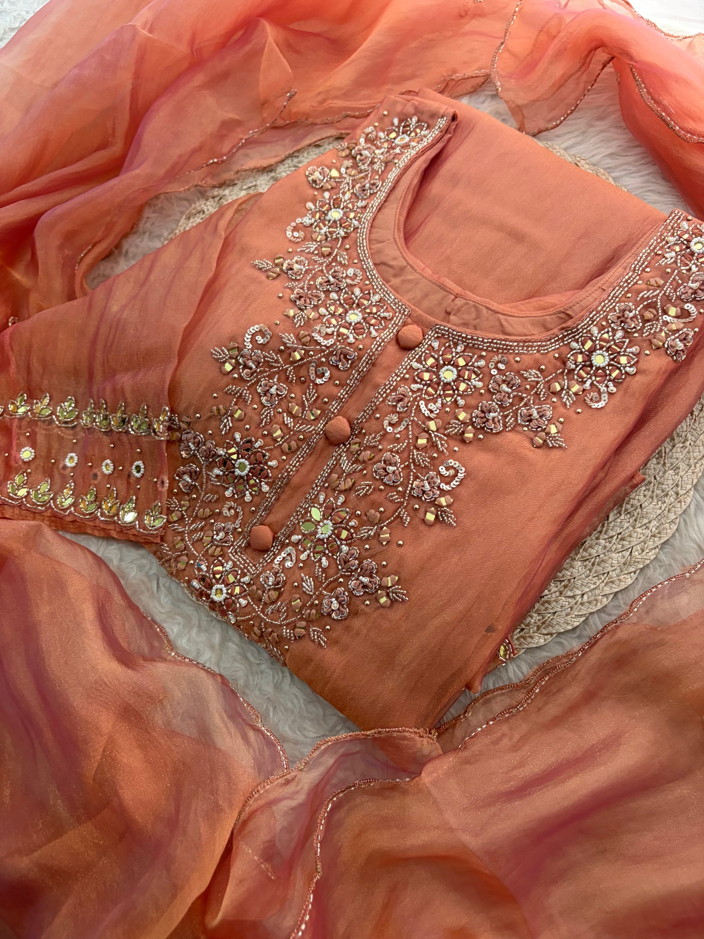 Peach Zardozi Embroidered A Line Kurta Set with Palazzo & Dupatta for Women | Traditional Ethnic Dress