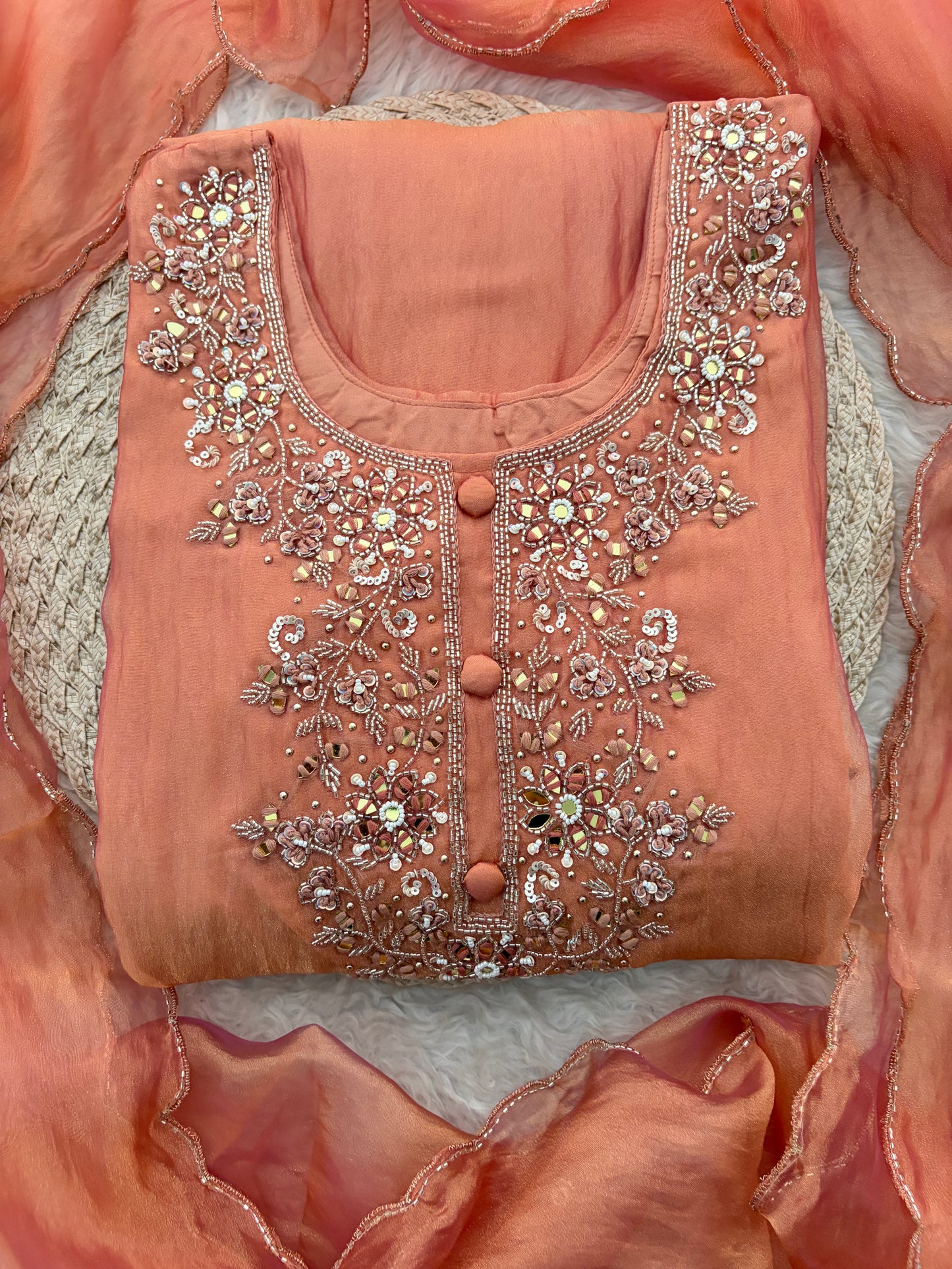 Peach Zardozi Embroidered A Line Kurta Set with Palazzo & Dupatta for Women | Traditional Ethnic Dress
