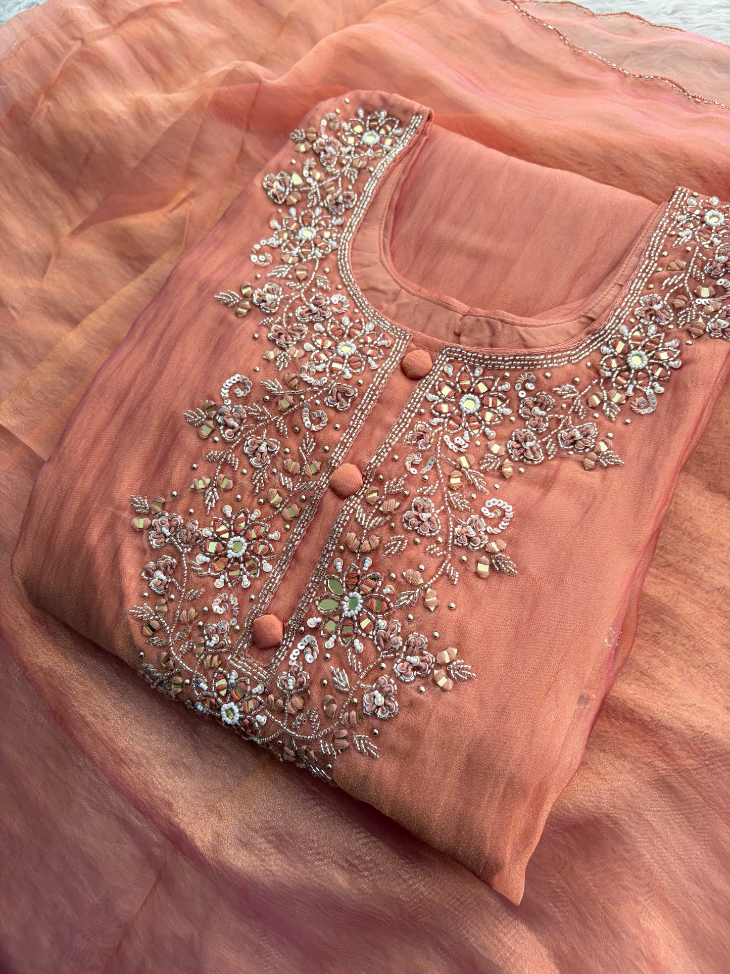 Peach Zardozi Embroidered A Line Kurta Set with Palazzo & Dupatta for Women | Traditional Ethnic Dress