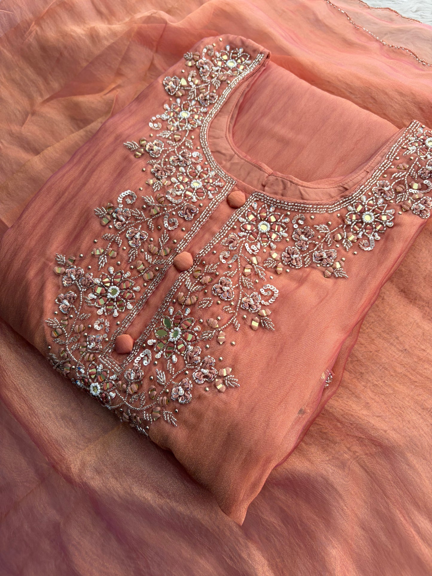 Peach Zardozi Embroidered A Line Kurta Set with Palazzo & Dupatta for Women | Traditional Ethnic Dress