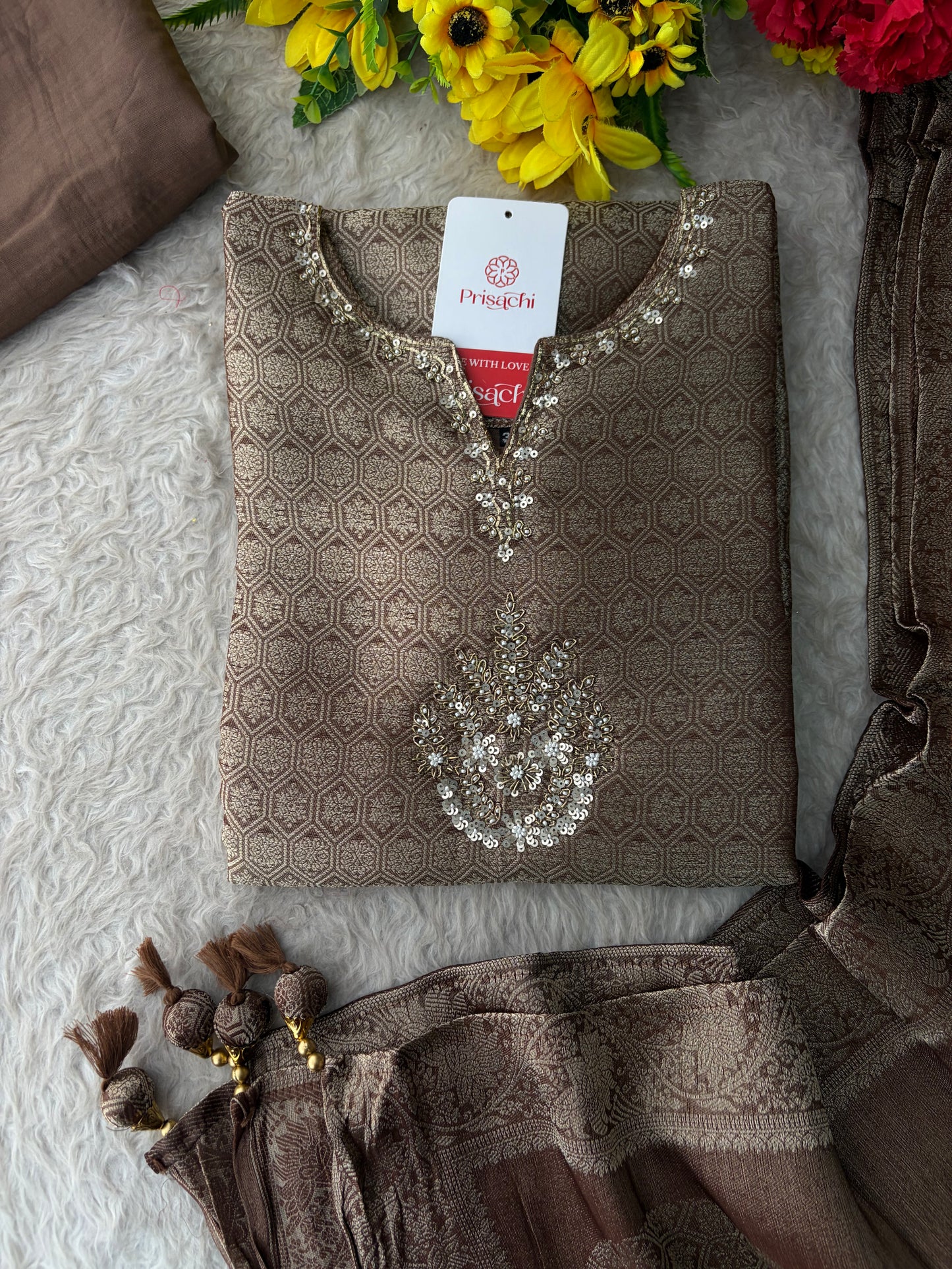 Brown Embroidered Ethnic Kurta Set for Women with Palazzo Pant & Dupatta | Festive Wear & party Wear
