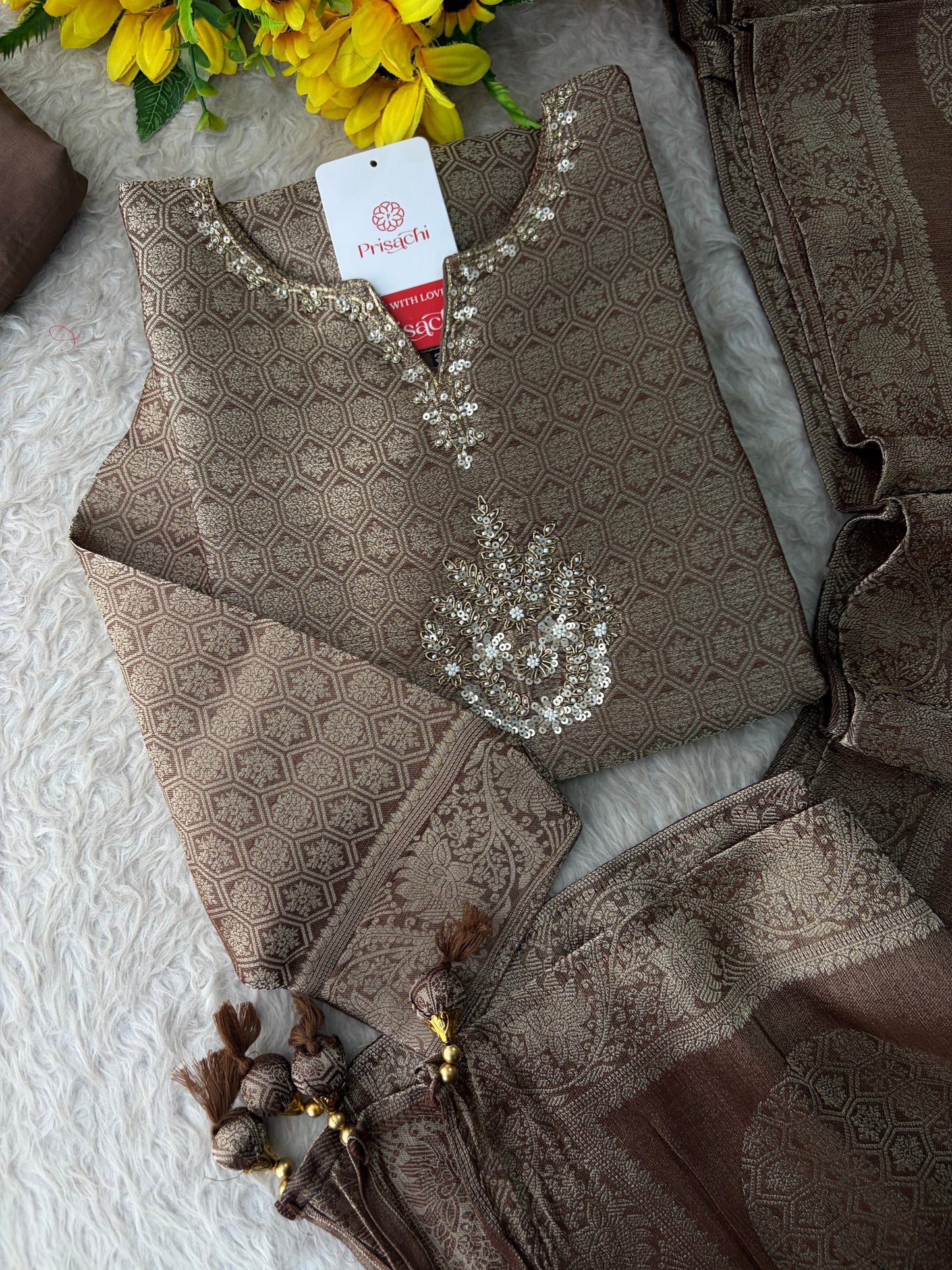 Brown Embroidered Ethnic Kurta Set for Women with Palazzo Pant & Dupatta | Festive Wear & party Wear
