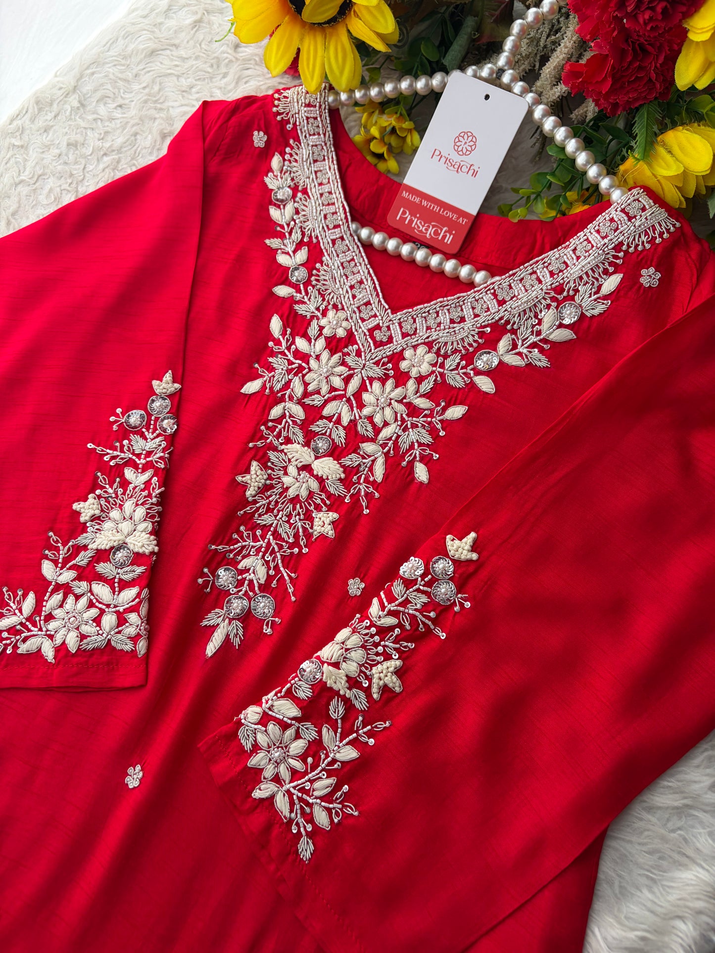 Red Zardozi Embroidered Kurta Set for Women with Pants & Dupatta | Festive Ethnic wear