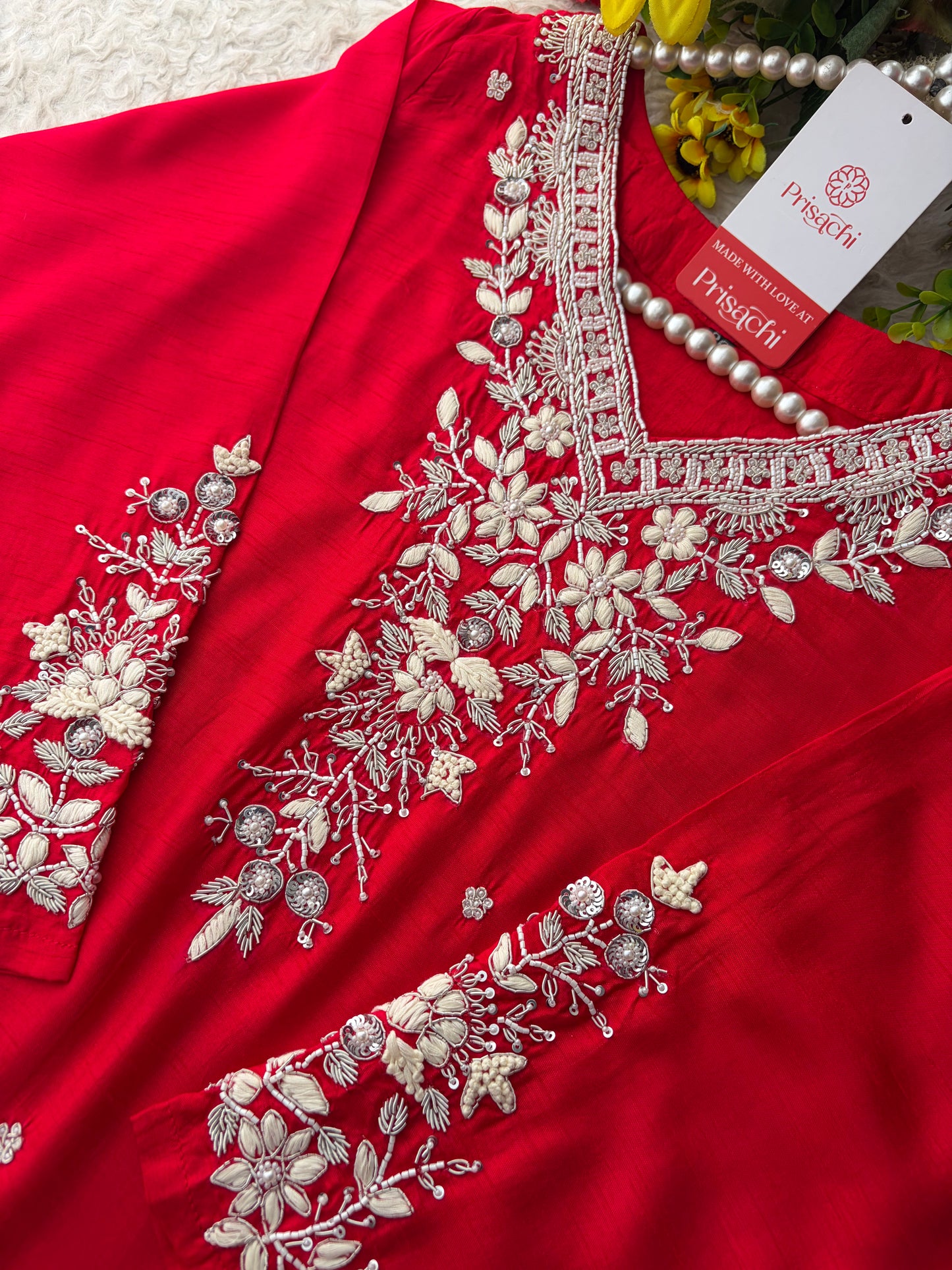 Red Zardozi Embroidered Kurta Set for Women with Pants & Dupatta | Festive Ethnic wear