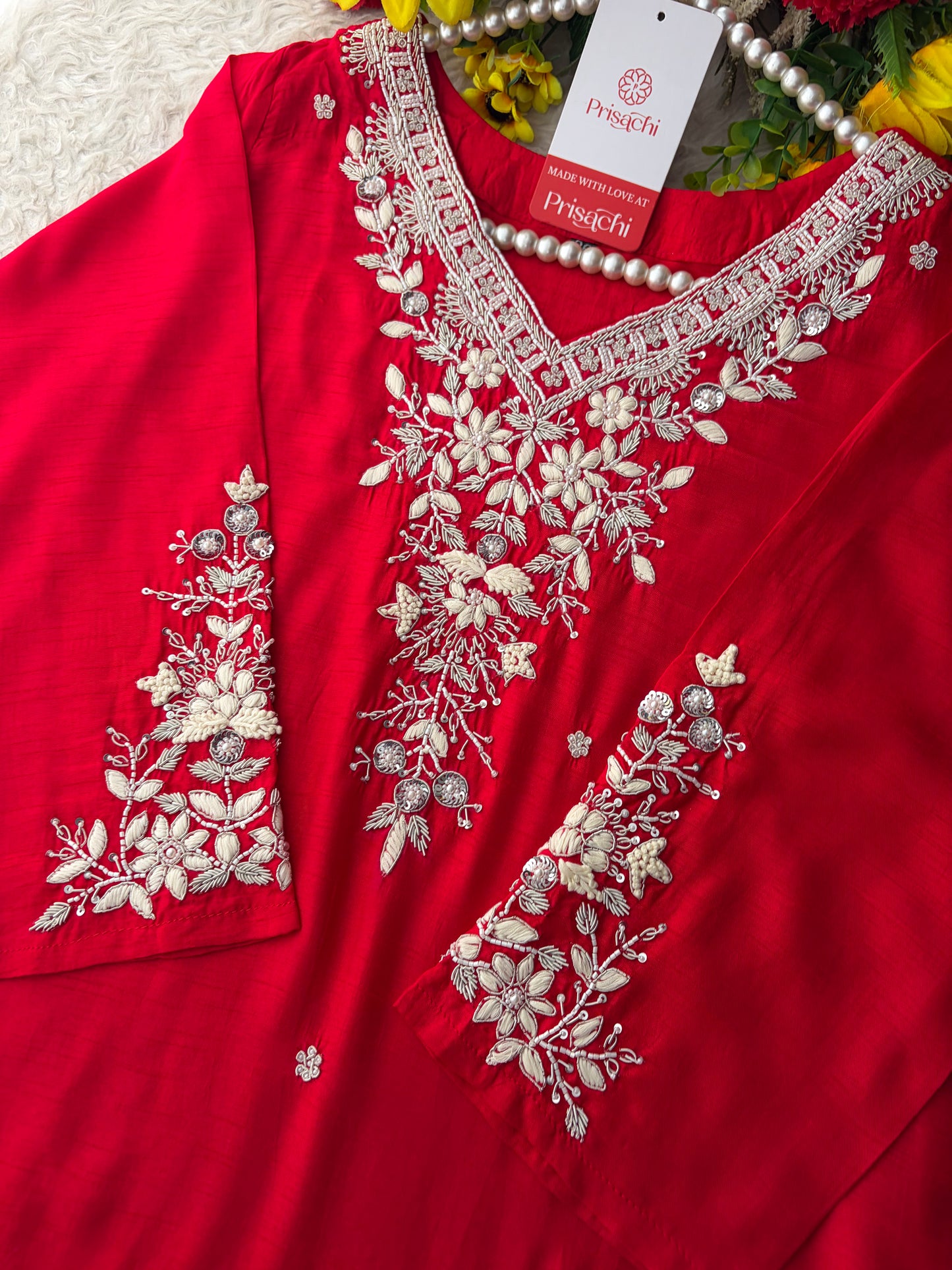 Red Zardozi Embroidered Kurta Set for Women with Pants & Dupatta | Festive Ethnic wear