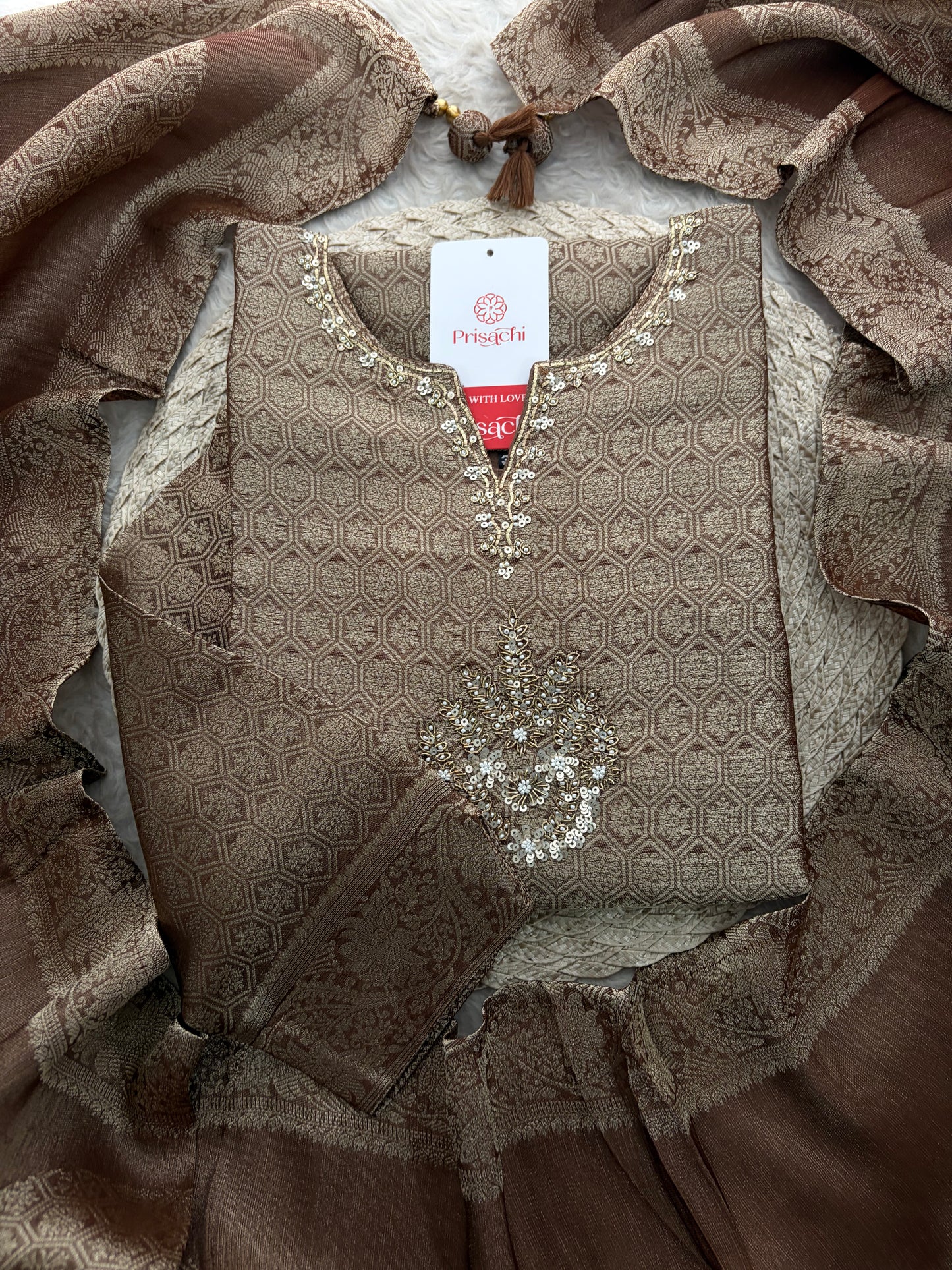 Brown Embroidered Ethnic Kurta Set for Women with Palazzo Pant & Dupatta | Festive Wear & party Wear