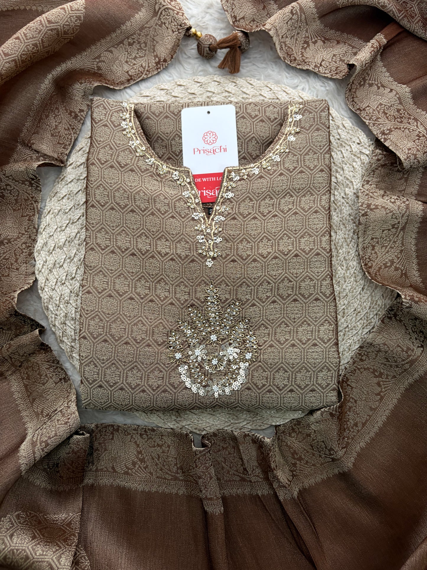 Brown Embroidered Ethnic Kurta Set for Women with Palazzo Pant & Dupatta | Festive Wear & party Wear