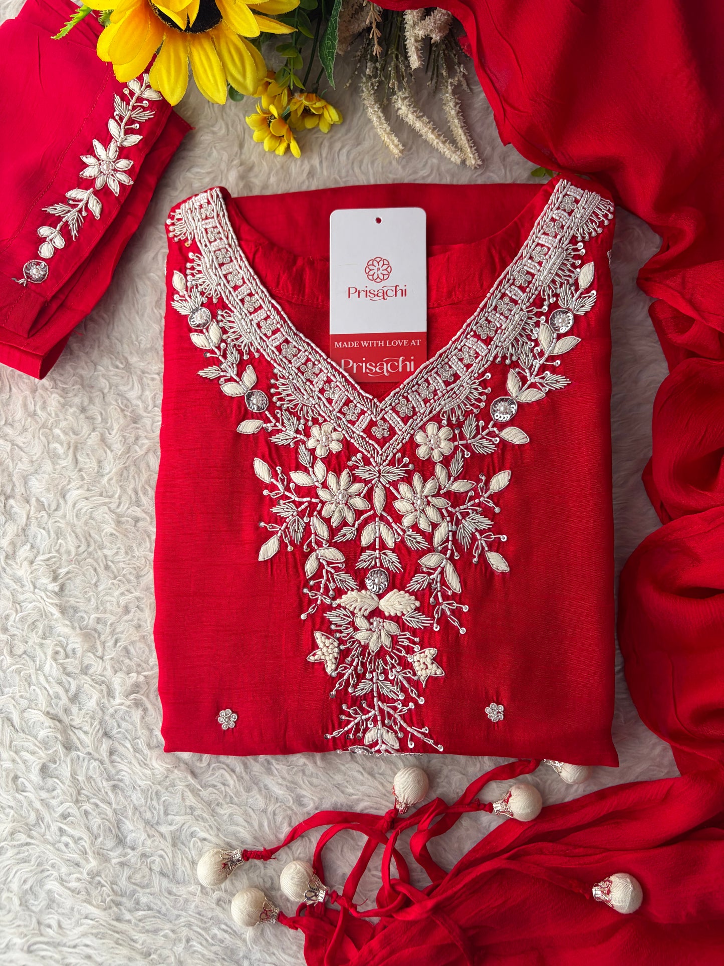Red Zardozi Embroidered Kurta Set for Women with Pants & Dupatta | Festive Ethnic wear