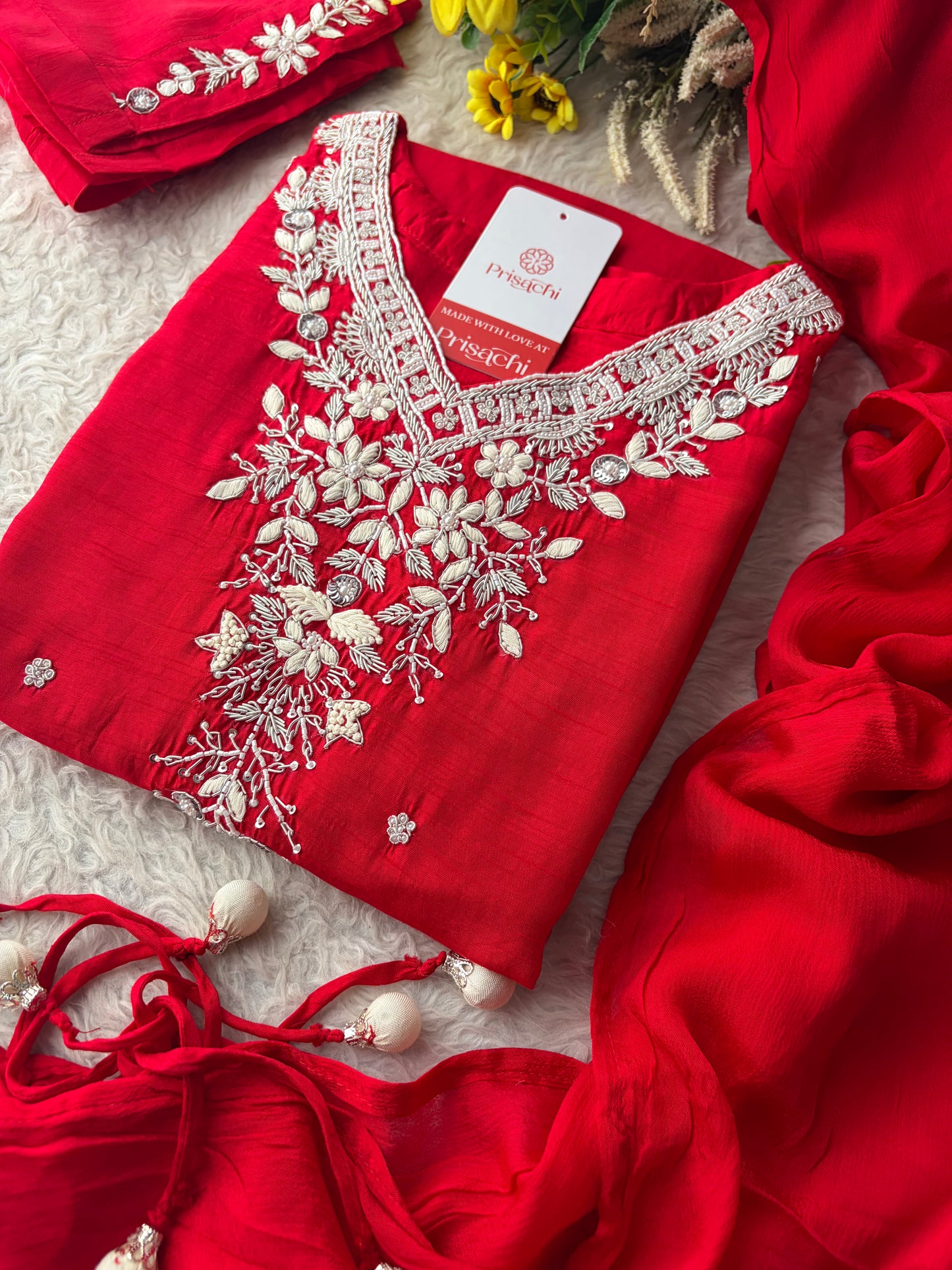 Red Zardozi Embroidered Kurta Set for Women with Pants & Dupatta | Festive Ethnic wear