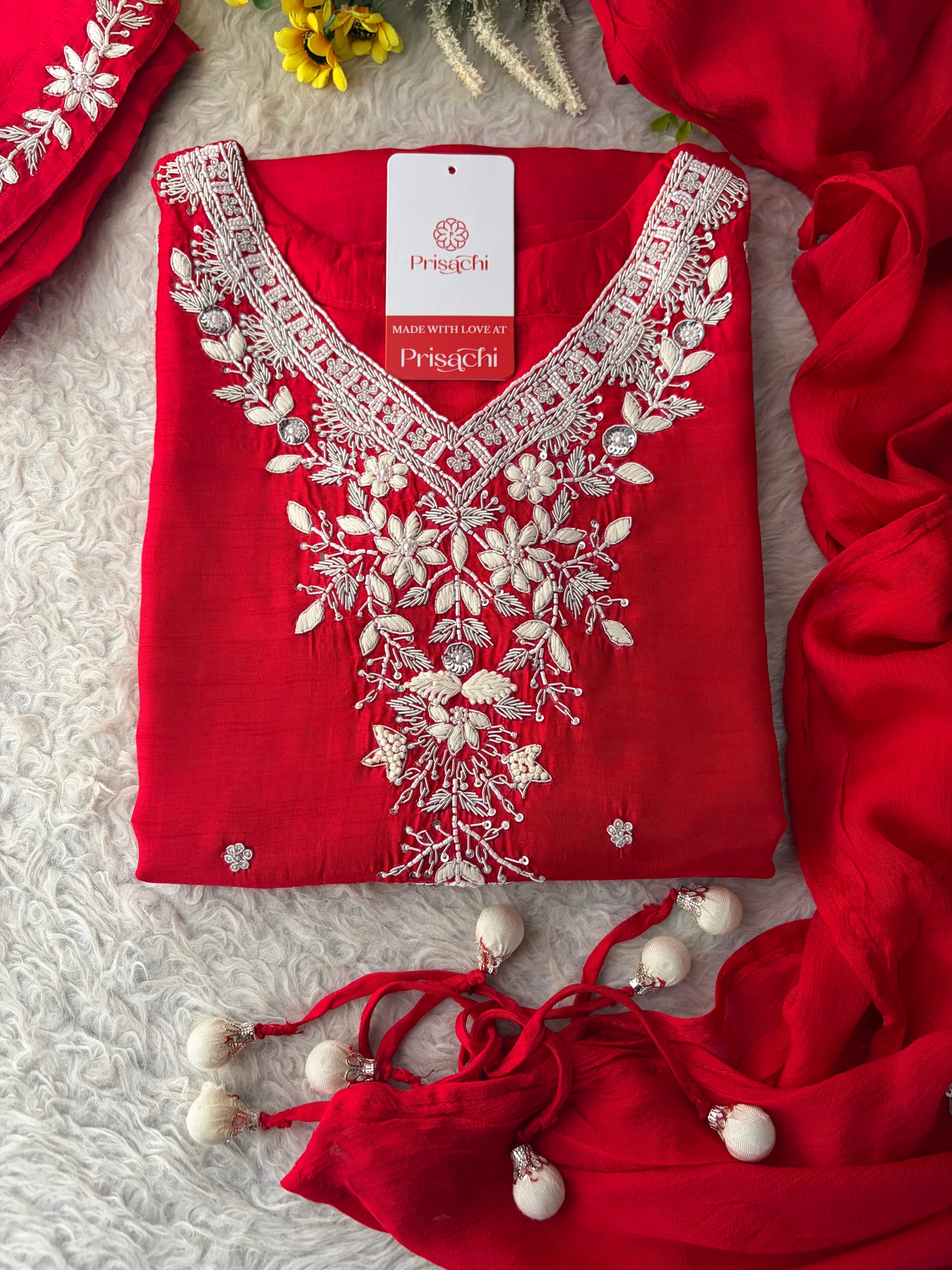 Red Zardozi Embroidered Kurta Set for Women with Pants & Dupatta | Festive Ethnic wear