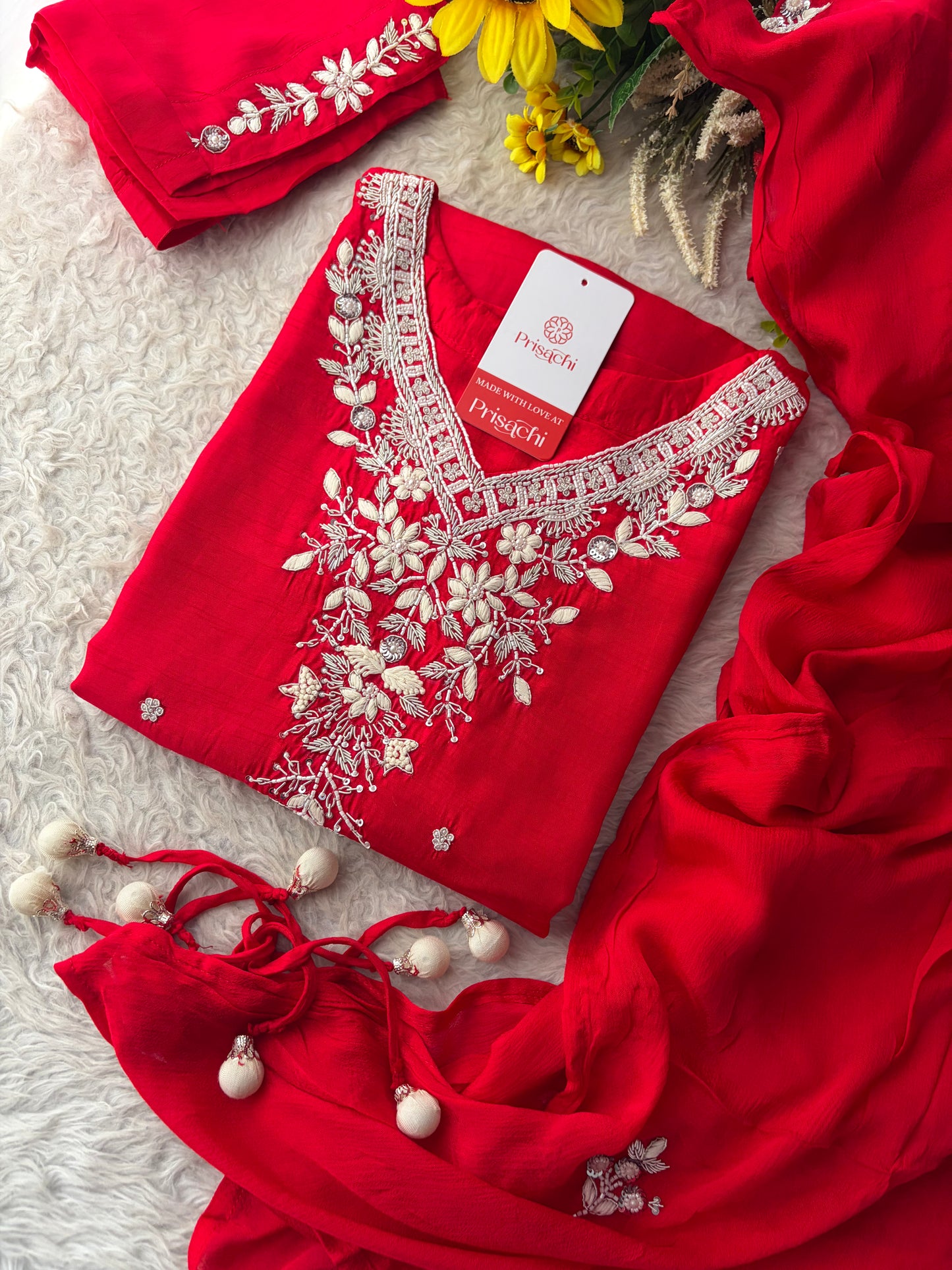 Red Zardozi Embroidered Kurta Set for Women with Pants & Dupatta | Festive Ethnic wear