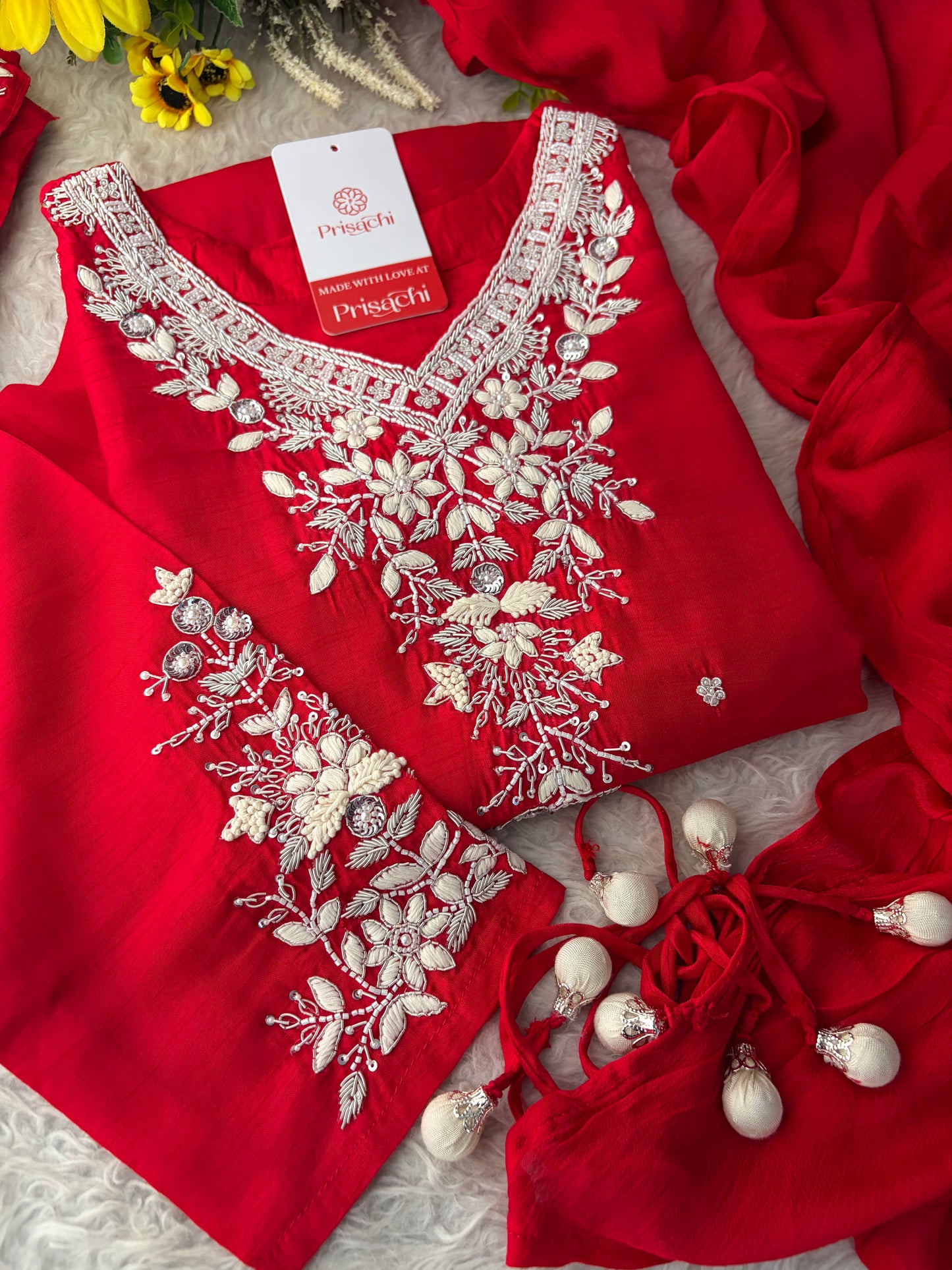 Red Zardozi Embroidered Kurta Set for Women with Pants & Dupatta | Festive Ethnic wear