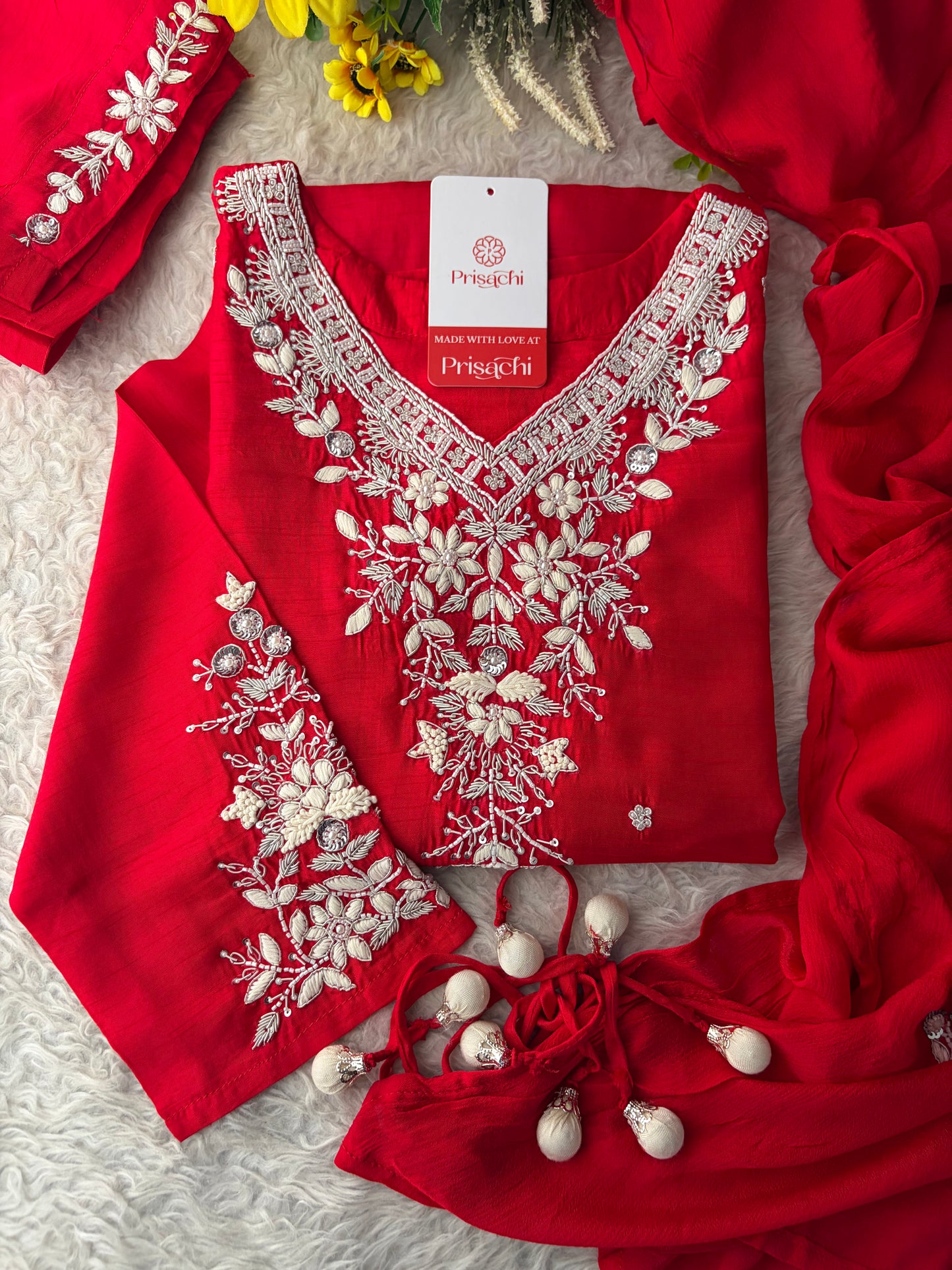 Red Zardozi Embroidered Kurta Set for Women with Pants & Dupatta | Festive Ethnic wear