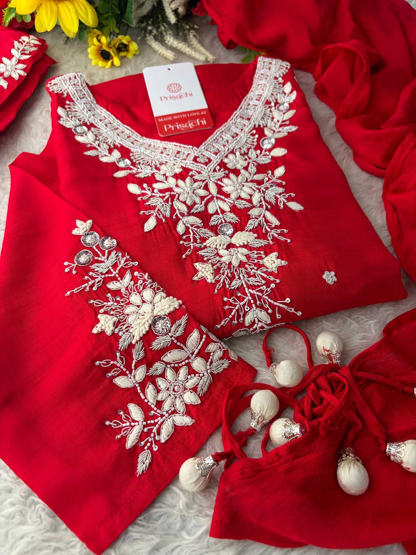 Red Zardozi Embroidered Kurta Set for Women with Pants & Dupatta | Festive Ethnic wear