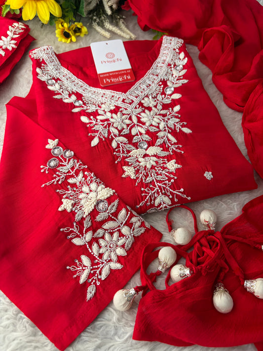 Red Zardozi Embroidered Kurta Set for Women with Pants & Dupatta | Festive Ethnic wear