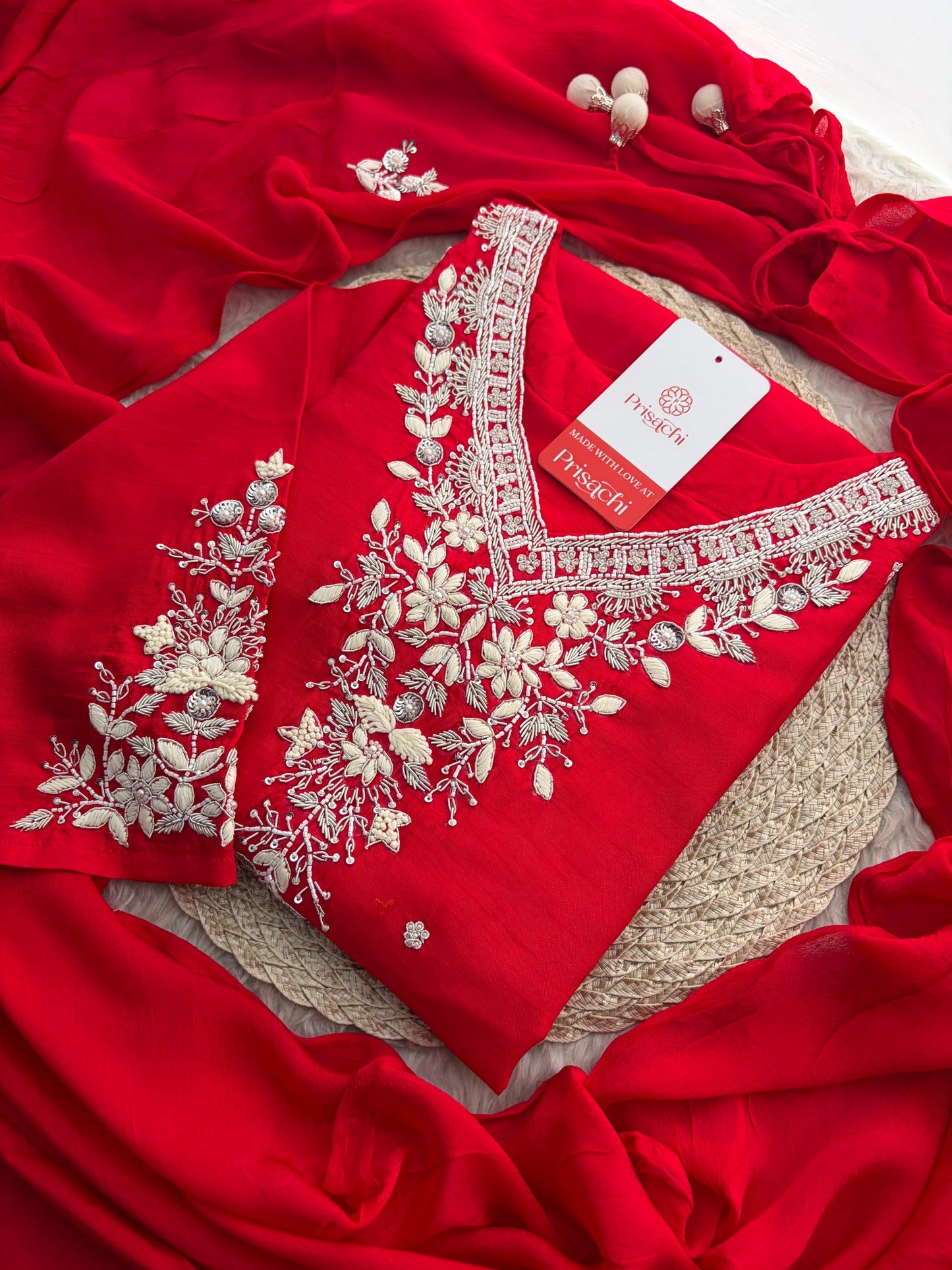Red Zardozi Embroidered Kurta Set for Women with Pants & Dupatta | Festive Ethnic wear