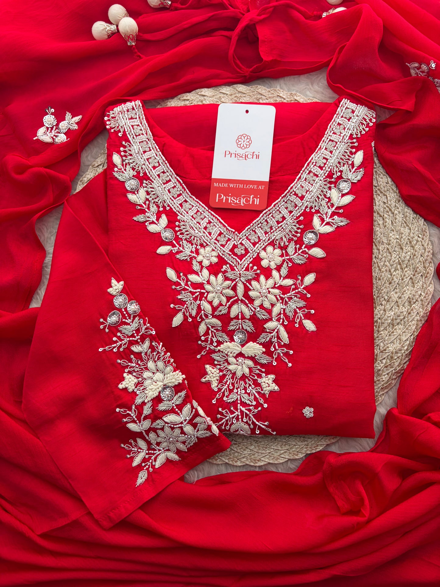 Red Zardozi Embroidered Kurta Set for Women with Pants & Dupatta | Festive Ethnic wear