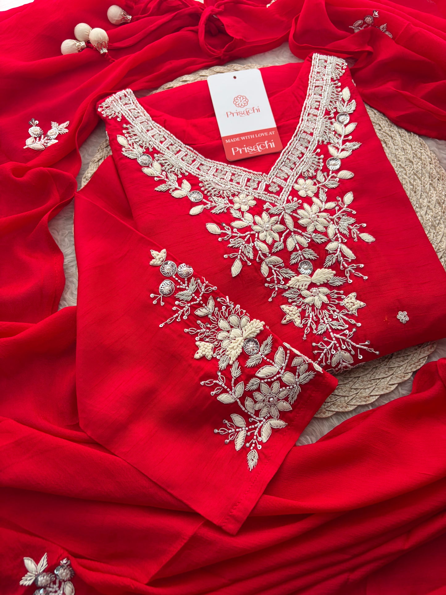 Red Zardozi Embroidered Kurta Set for Women with Pants & Dupatta | Festive Ethnic wear