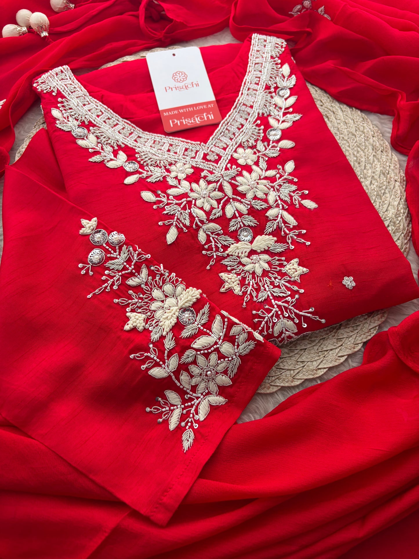Red Zardozi Embroidered Kurta Set for Women with Pants & Dupatta | Festive Ethnic wear