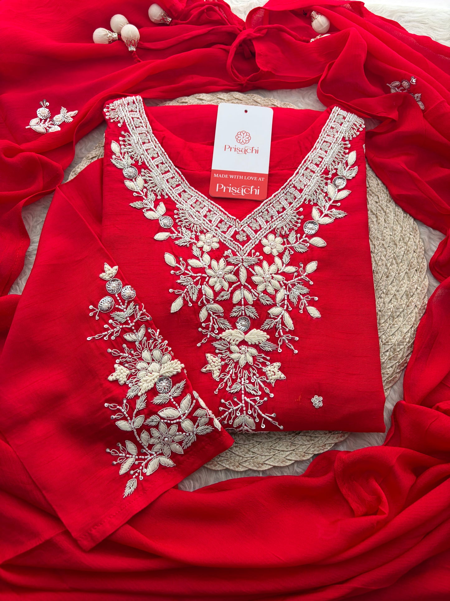 Red Zardozi Embroidered Kurta Set for Women with Pants & Dupatta | Festive Ethnic wear