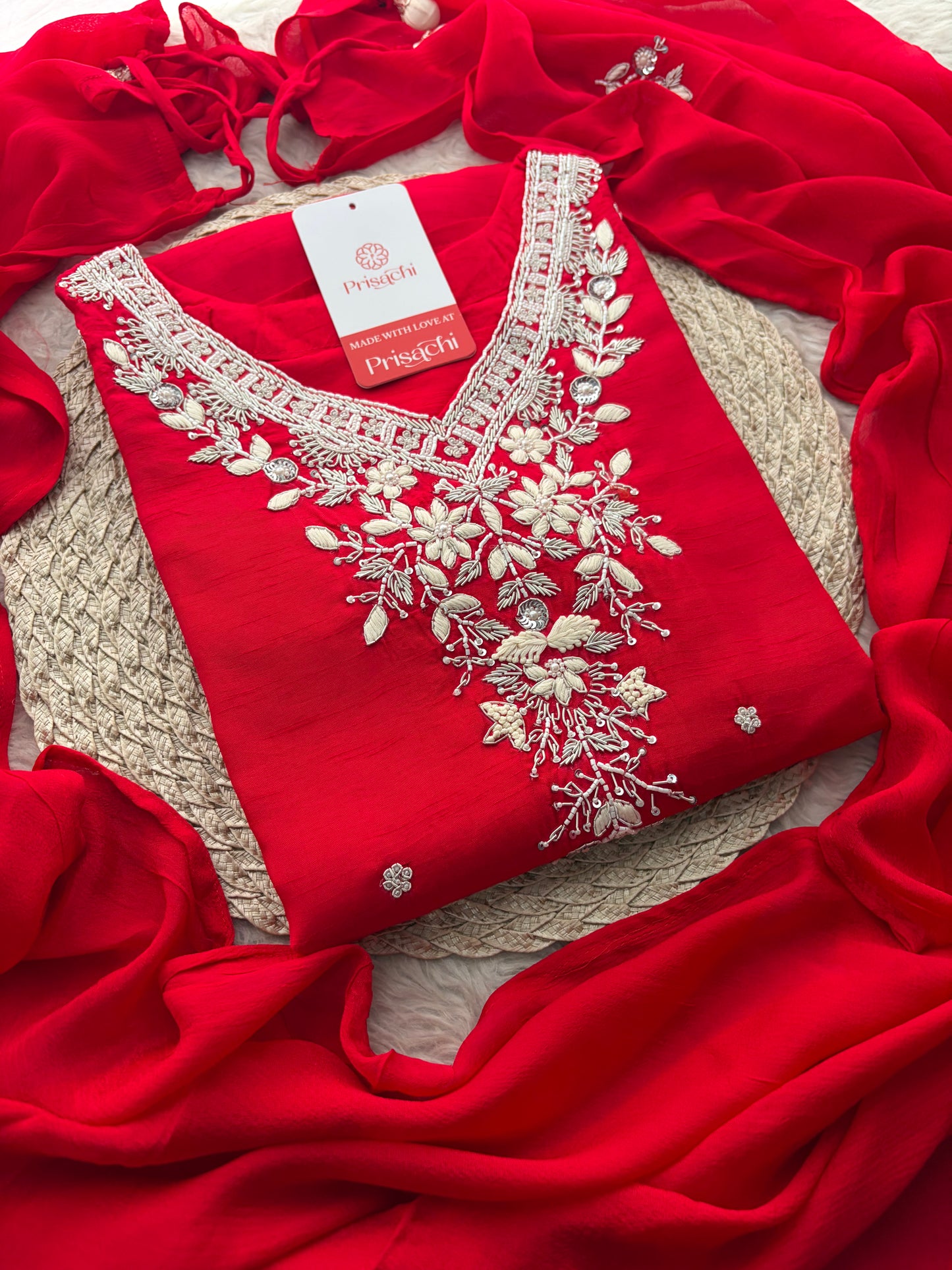 Red Zardozi Embroidered Kurta Set for Women with Pants & Dupatta | Festive Ethnic wear
