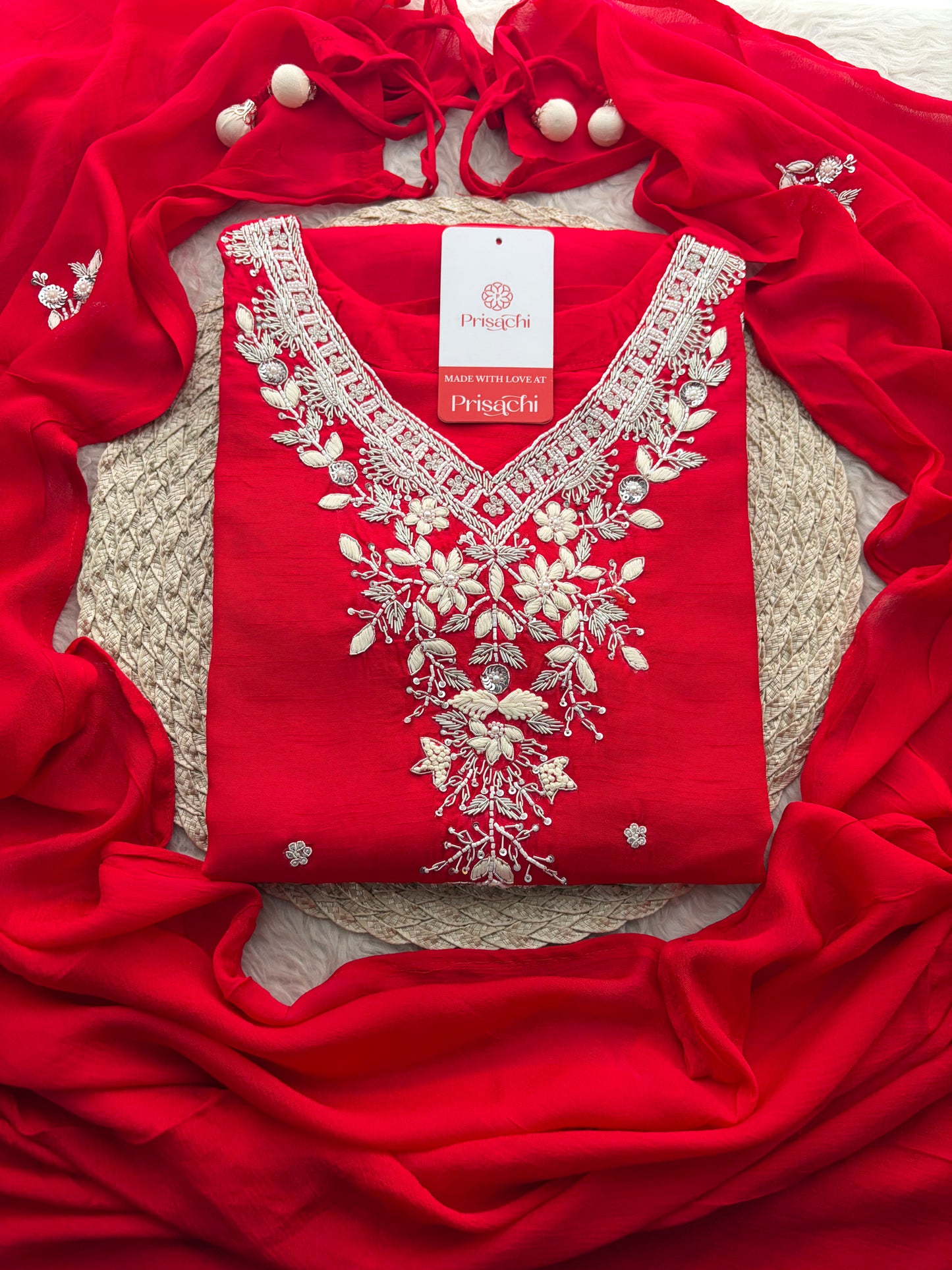 Red Zardozi Embroidered Kurta Set for Women with Pants & Dupatta | Festive Ethnic wear