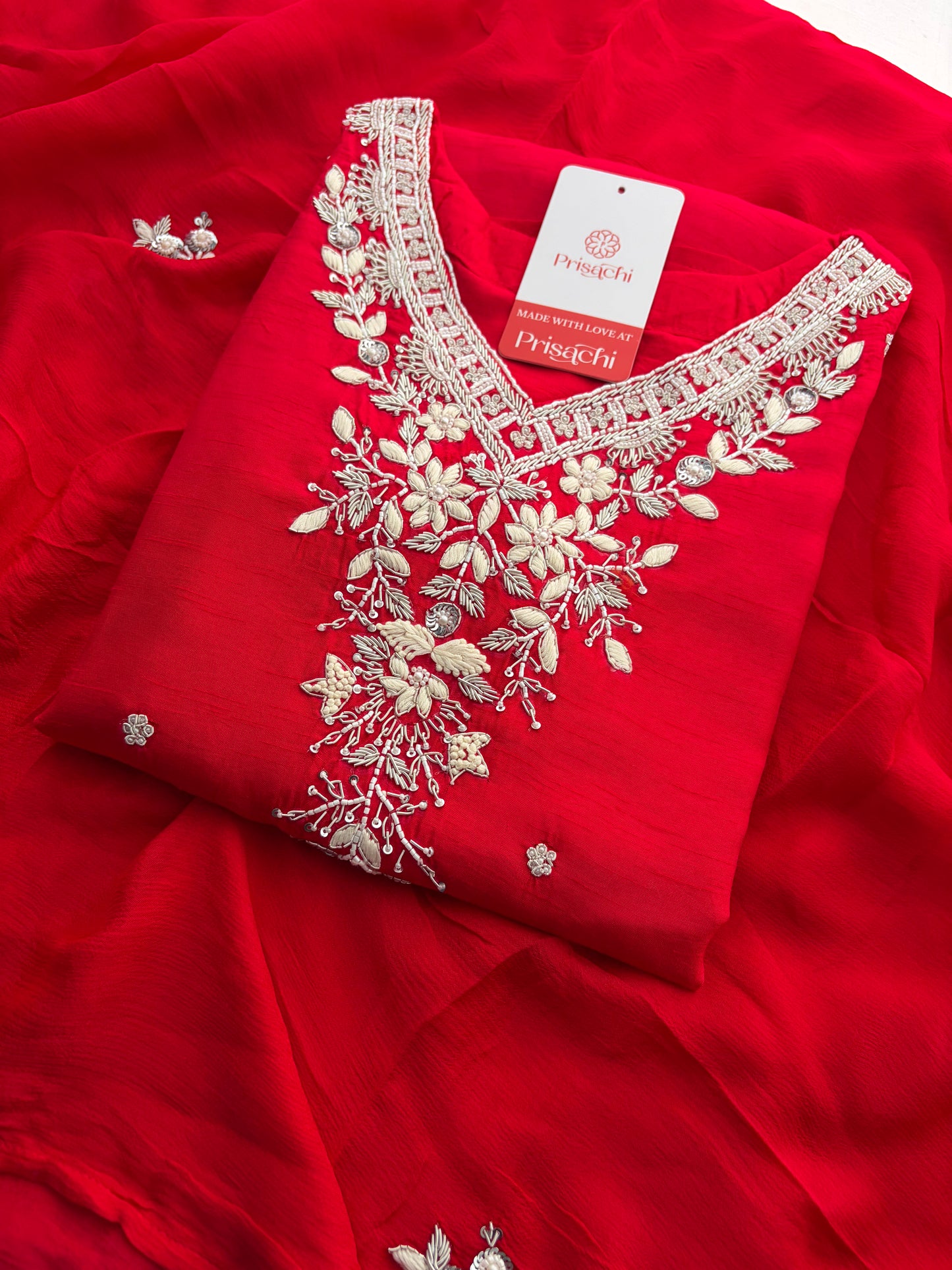 Red Zardozi Embroidered Kurta Set for Women with Pants & Dupatta | Festive Ethnic wear
