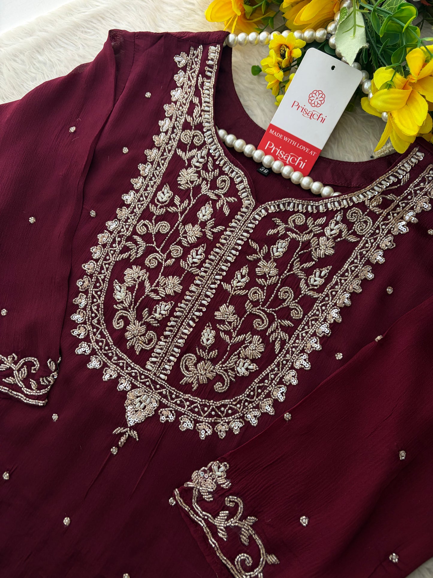 Wine Embroidered Ethnic Kurti Sharara Set with Dupatta