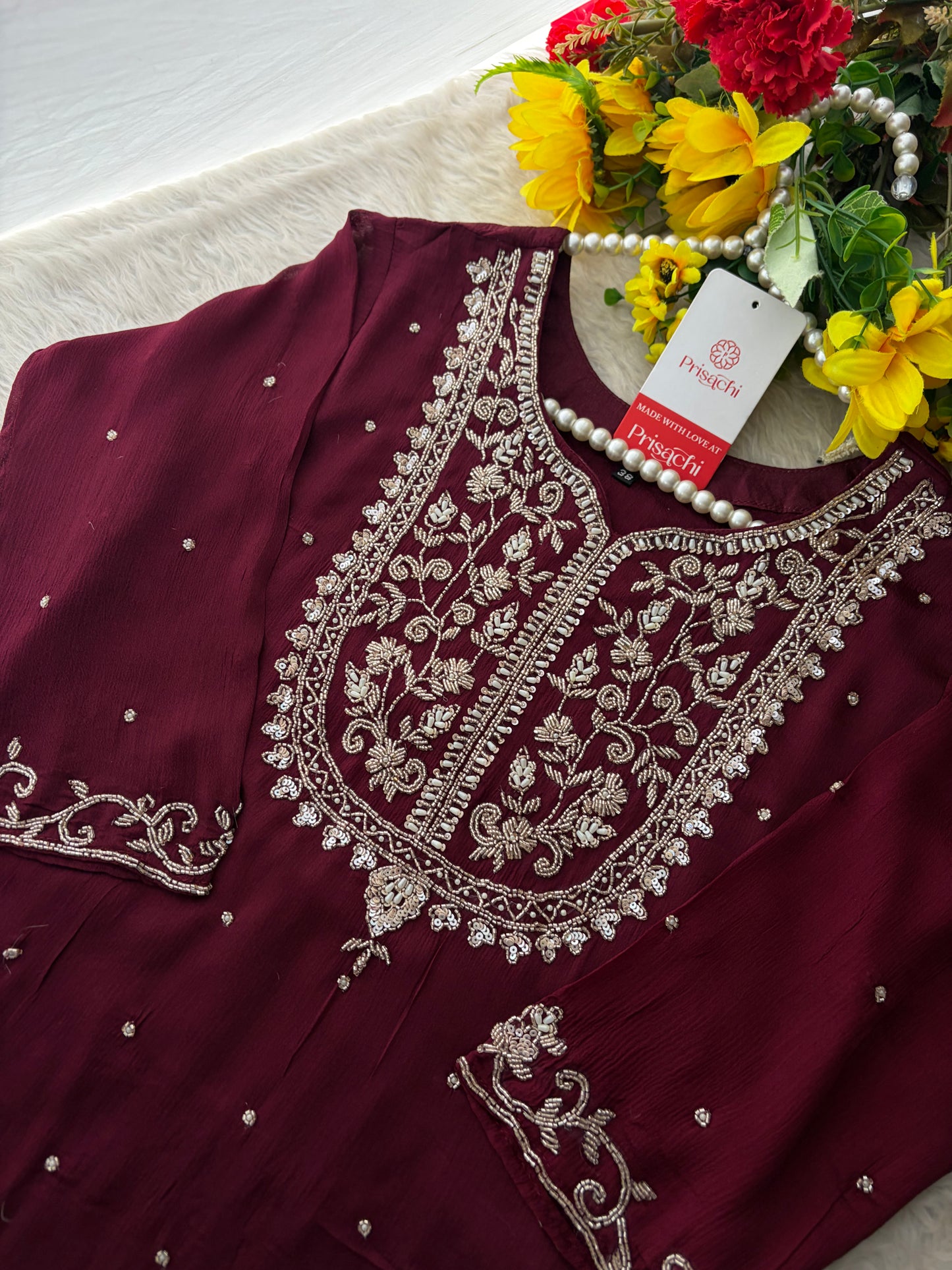 Wine Embroidered Ethnic Kurti Sharara Set with Dupatta