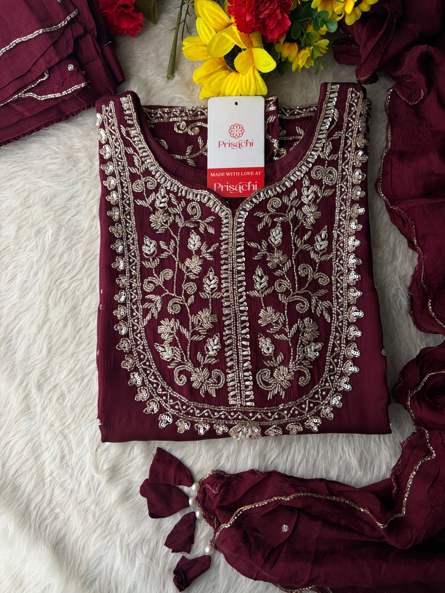 Wine Embroidered Ethnic Kurti Sharara Set with Dupatta