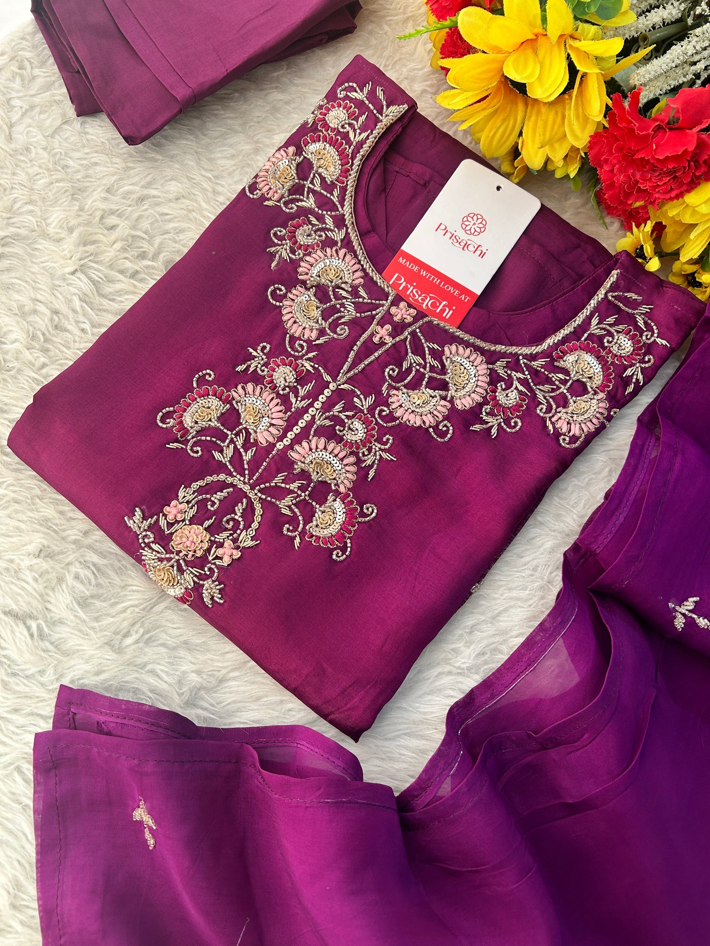 Purple Zardozi Embroidered Kurta Set with Dupatta & Pants for Women | Designer Ethnic Suit Set