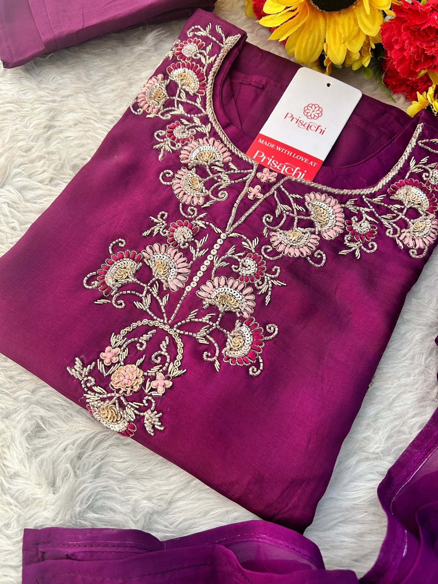 Purple Zardozi Embroidered Kurta Set with Dupatta & Pants for Women | Designer Ethnic Suit Set