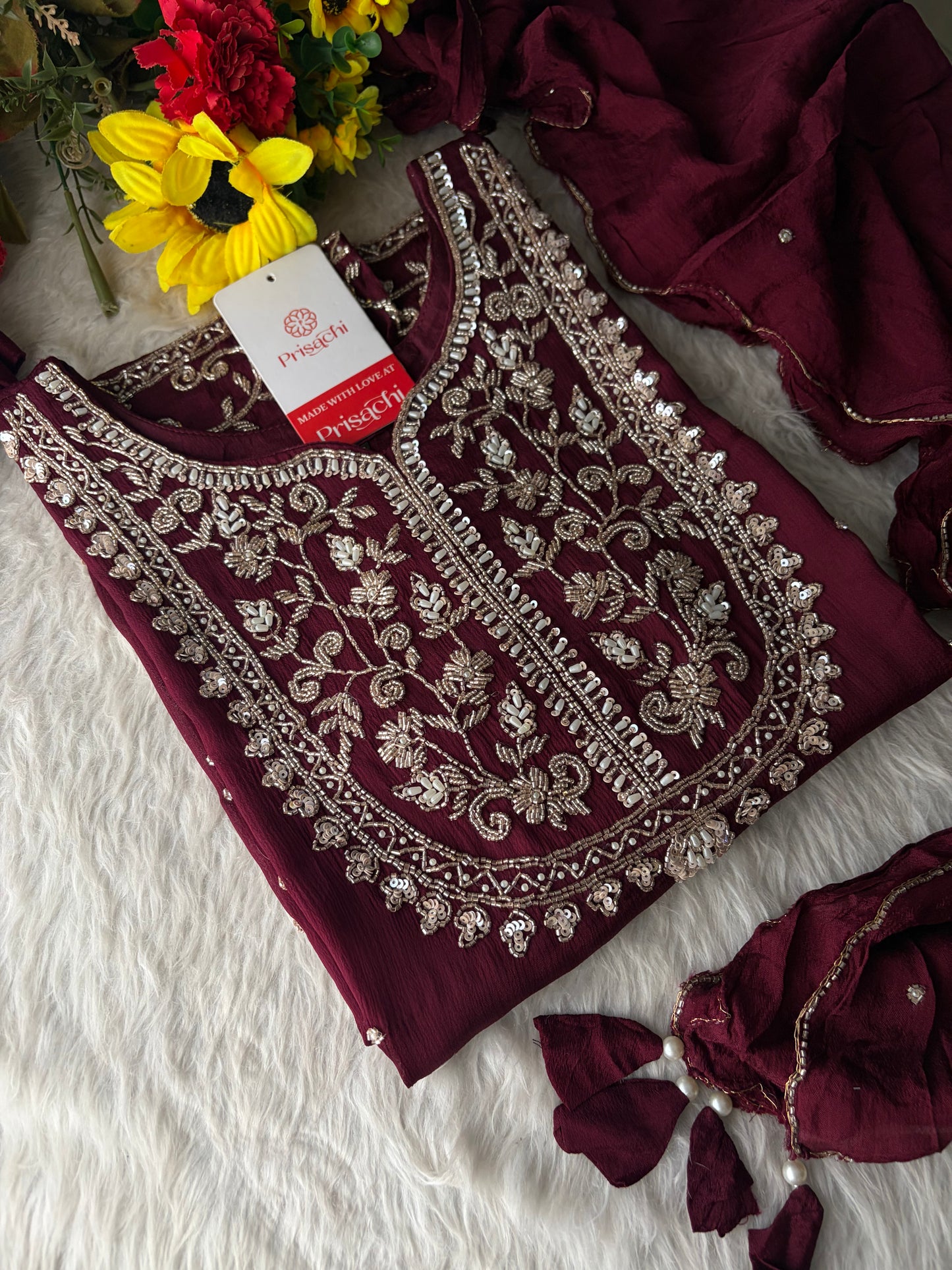 Wine Embroidered Ethnic Kurti Sharara Set with Dupatta
