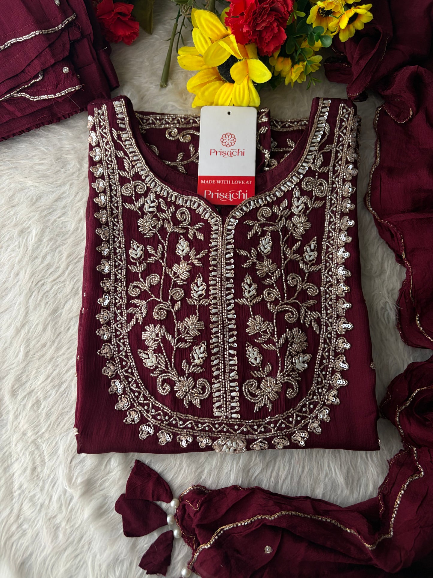 Wine Embroidered Ethnic Kurti Sharara Set with Dupatta