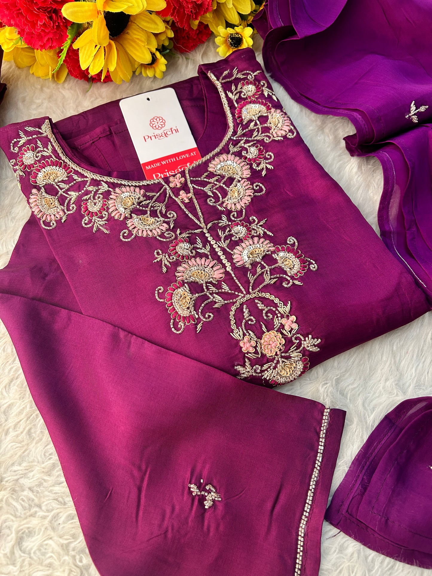 Purple Zardozi Embroidered Kurta Set with Dupatta & Pants for Women | Designer Ethnic Suit Set