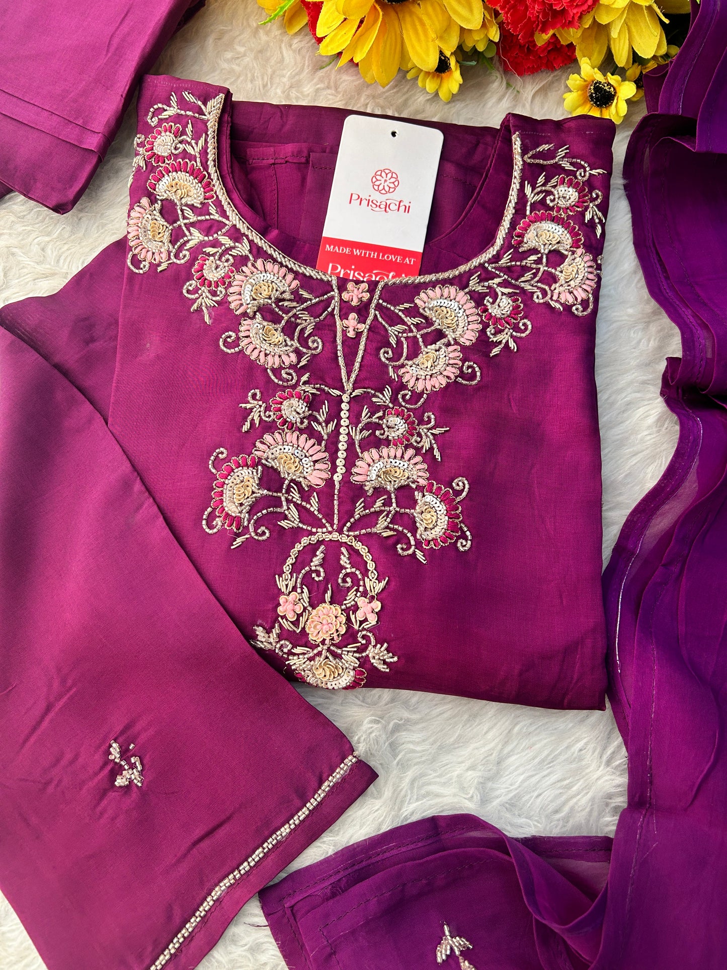 Purple Zardozi Embroidered Kurta Set with Dupatta & Pants for Women | Designer Ethnic Suit Set