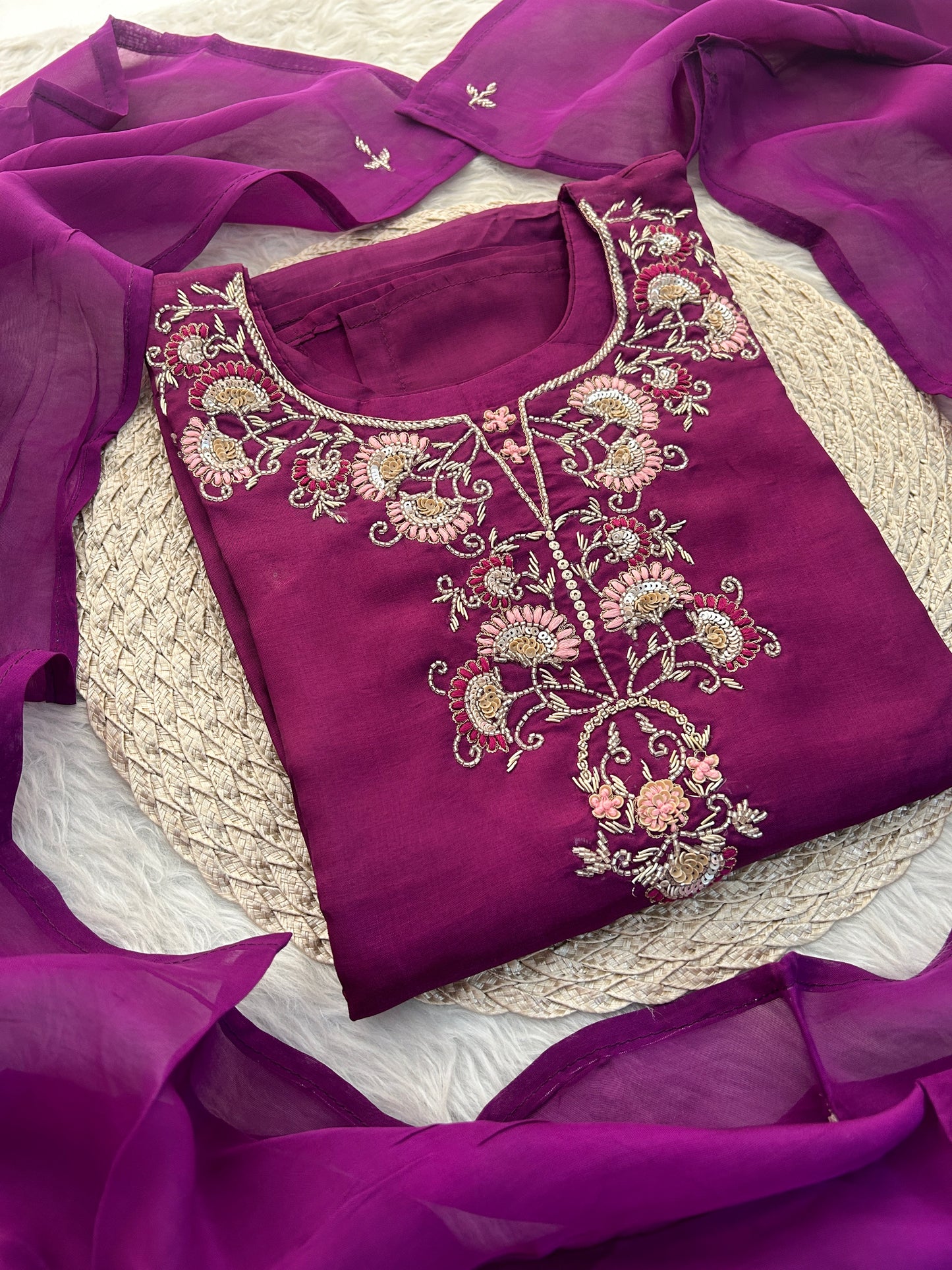 Purple Zardozi Embroidered Kurta Set with Dupatta & Pants for Women | Designer Ethnic Suit Set