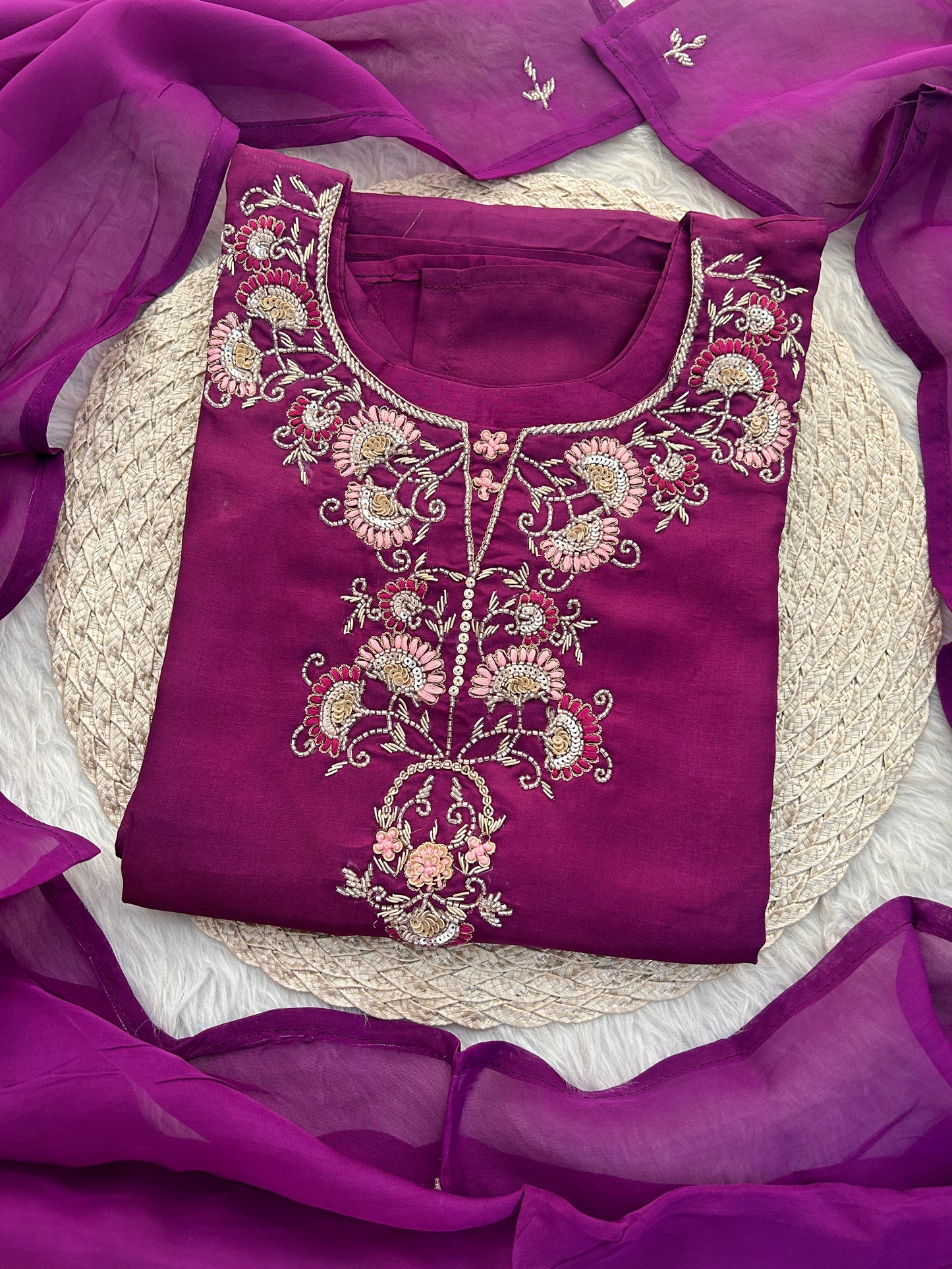Purple Zardozi Embroidered Kurta Set with Dupatta & Pants for Women | Designer Ethnic Suit Set