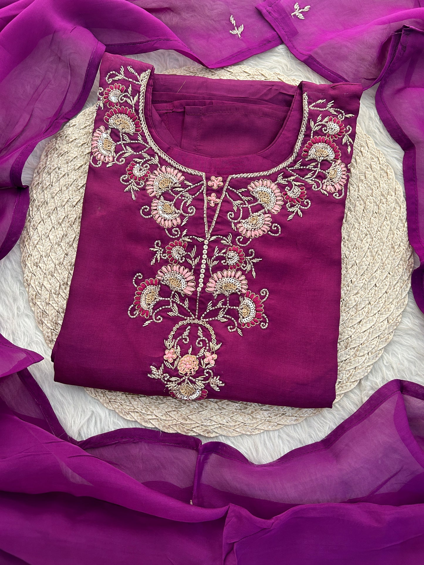 Purple Zardozi Embroidered Kurta Set with Dupatta & Pants for Women | Designer Ethnic Suit Set