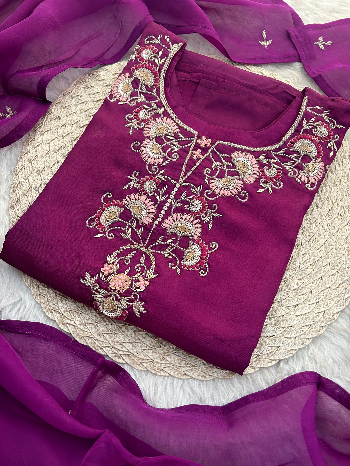 Purple Zardozi Embroidered Kurta Set with Dupatta & Pants for Women | Designer Ethnic Suit Set