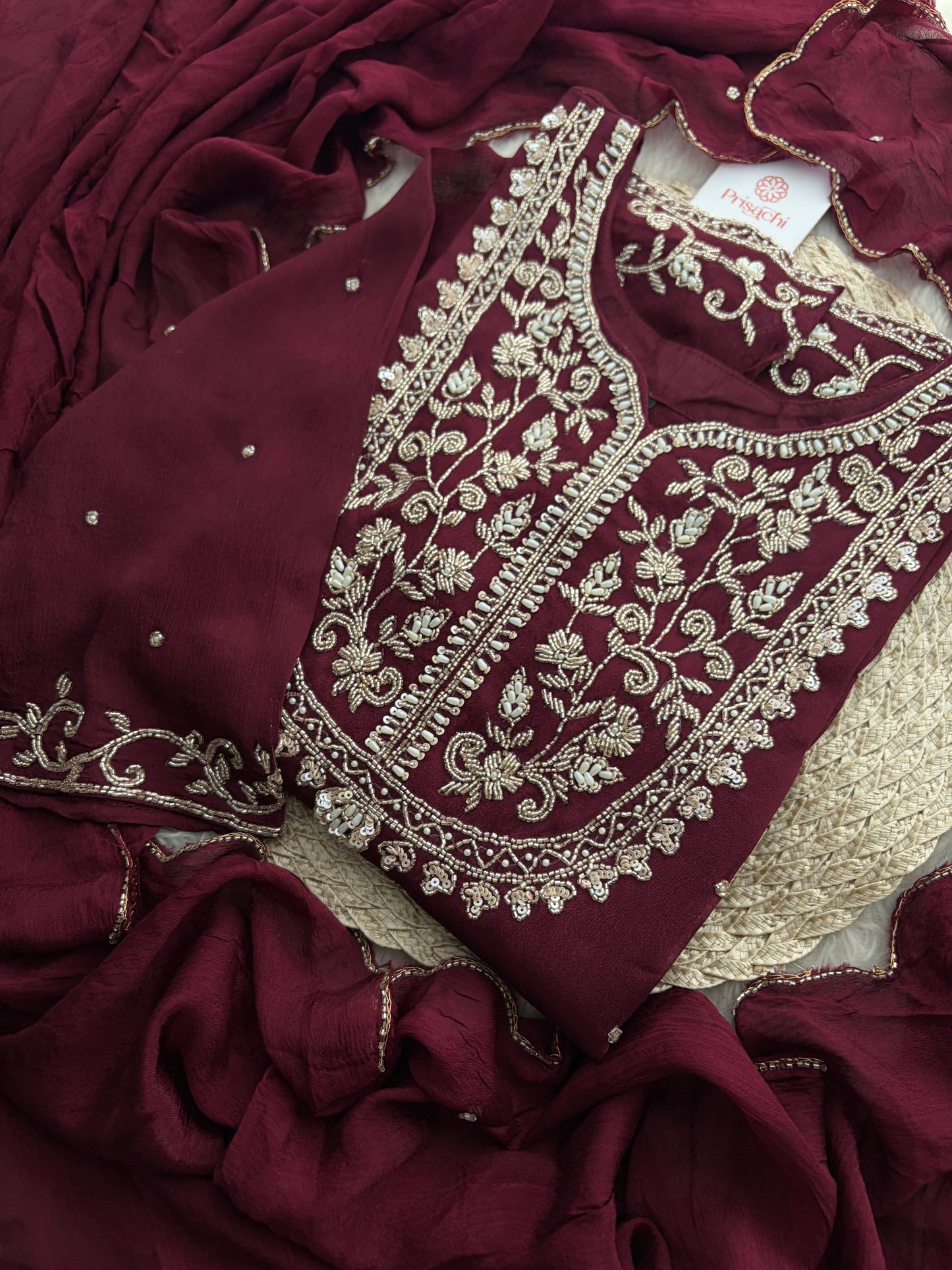 Wine Embroidered Ethnic Kurti Sharara Set with Dupatta