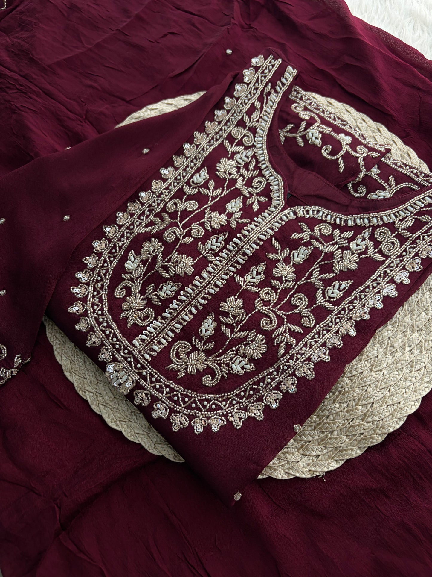 Wine Embroidered Ethnic Kurti Sharara Set with Dupatta