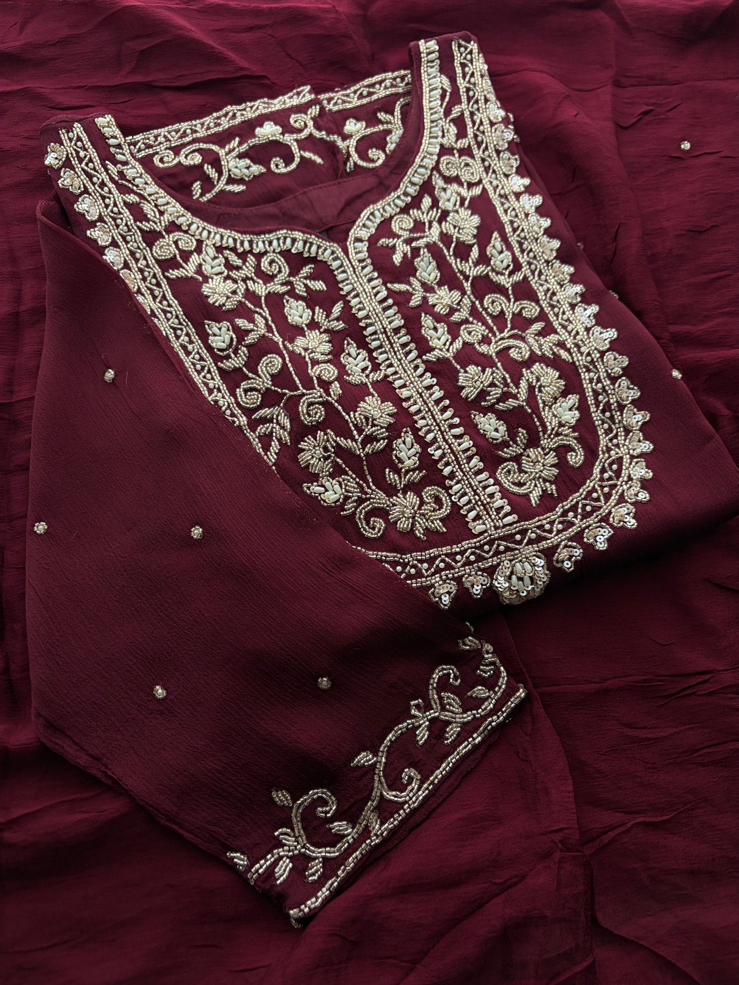 Wine Embroidered Ethnic Kurti Sharara Set with Dupatta