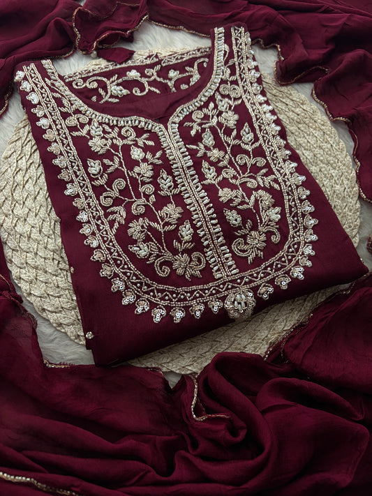Wine Embroidered Ethnic Kurti Sharara Set with Dupatta