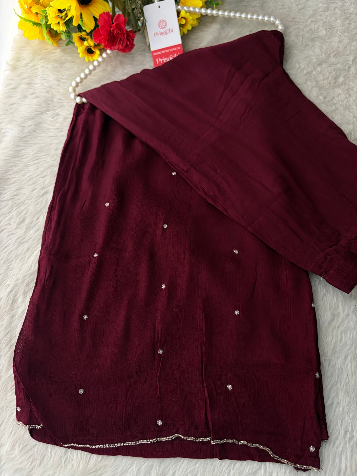 Wine Embroidered Ethnic Kurti Sharara Set with Dupatta