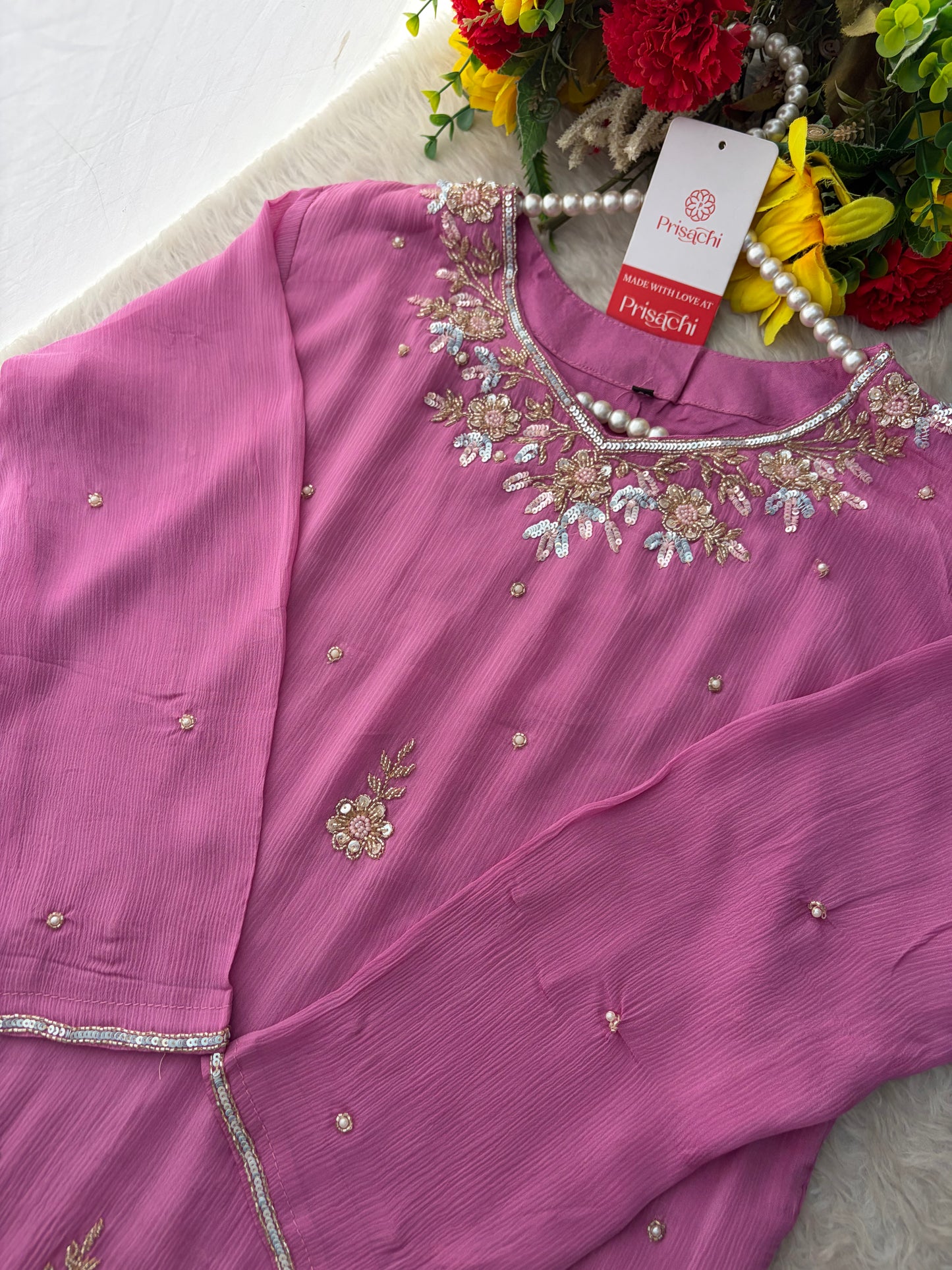 Pink  Designer Embroidered Ethnic Kurta Set with Palazzo &  Dupatta