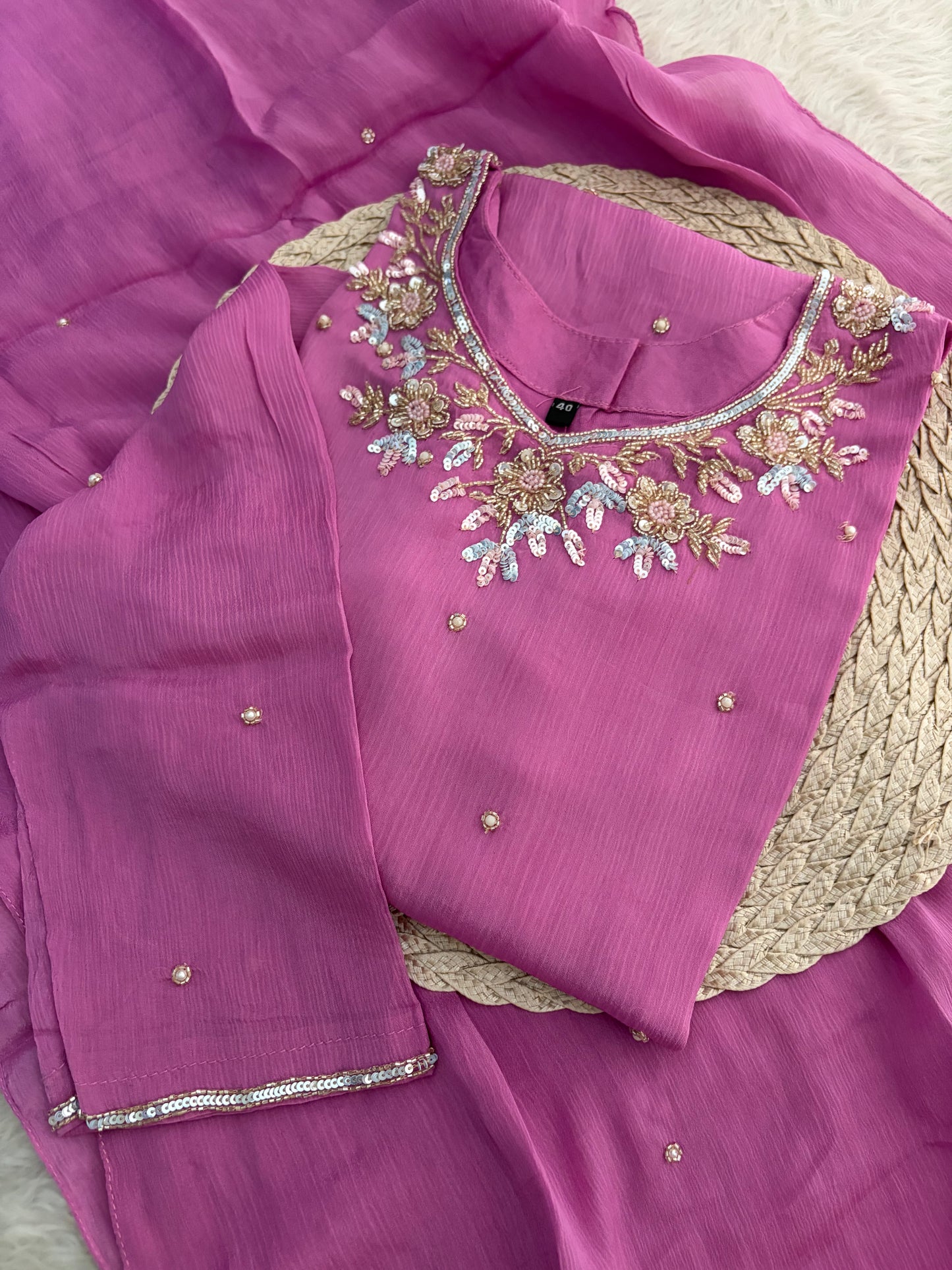 Pink  Designer Embroidered Ethnic Kurta Set with Palazzo &  Dupatta