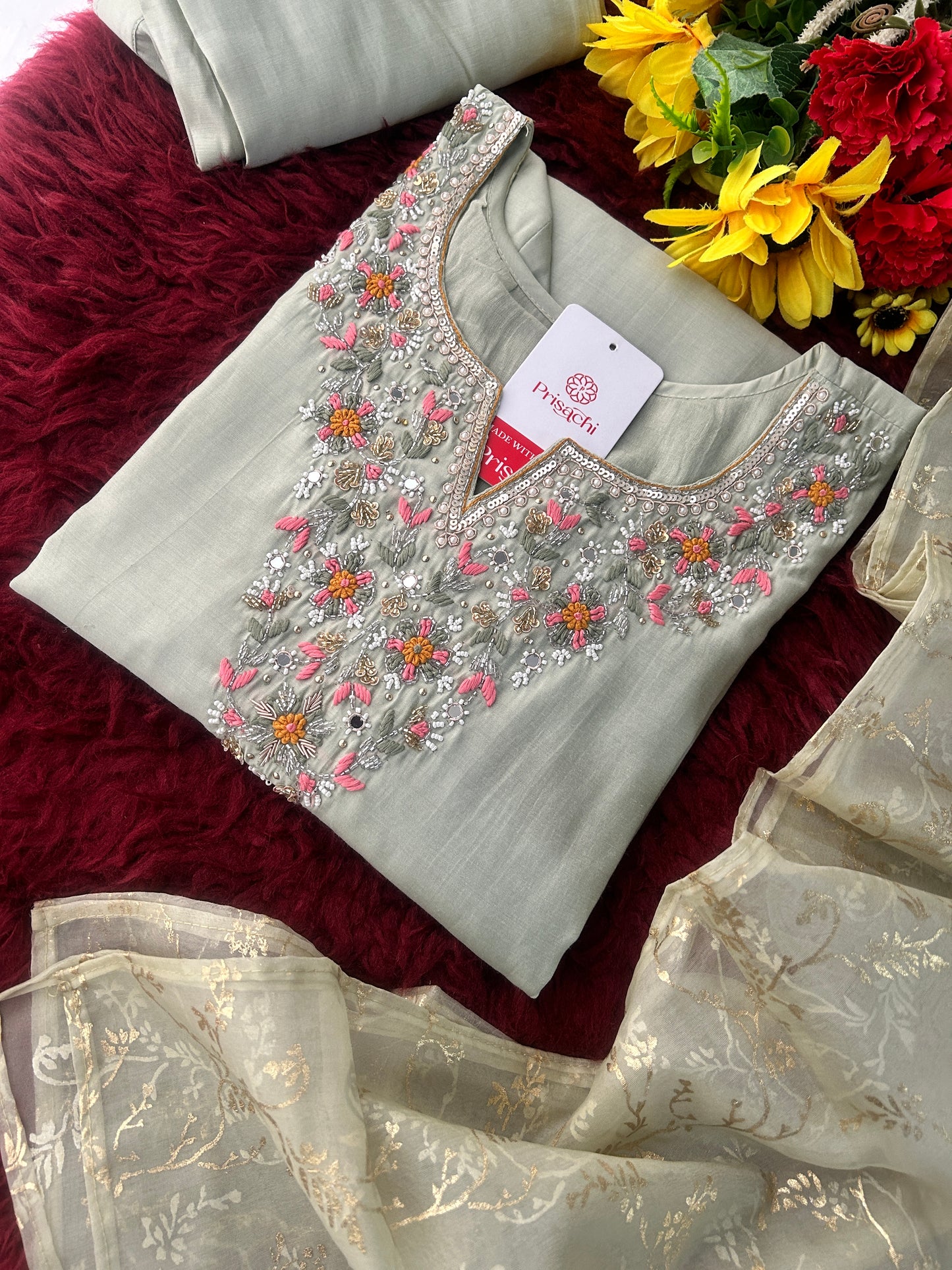 Sage Green Embroidered Designer Ethnic Kurta Set for Women with Pants & Dupatta | Festive Wear Suit Set