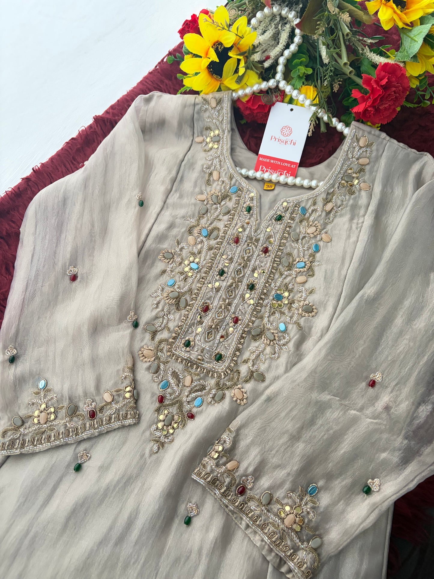 Light Grey Zardozi Embroidered Ethnic Kurta Set for Women with Pants & Dupatta